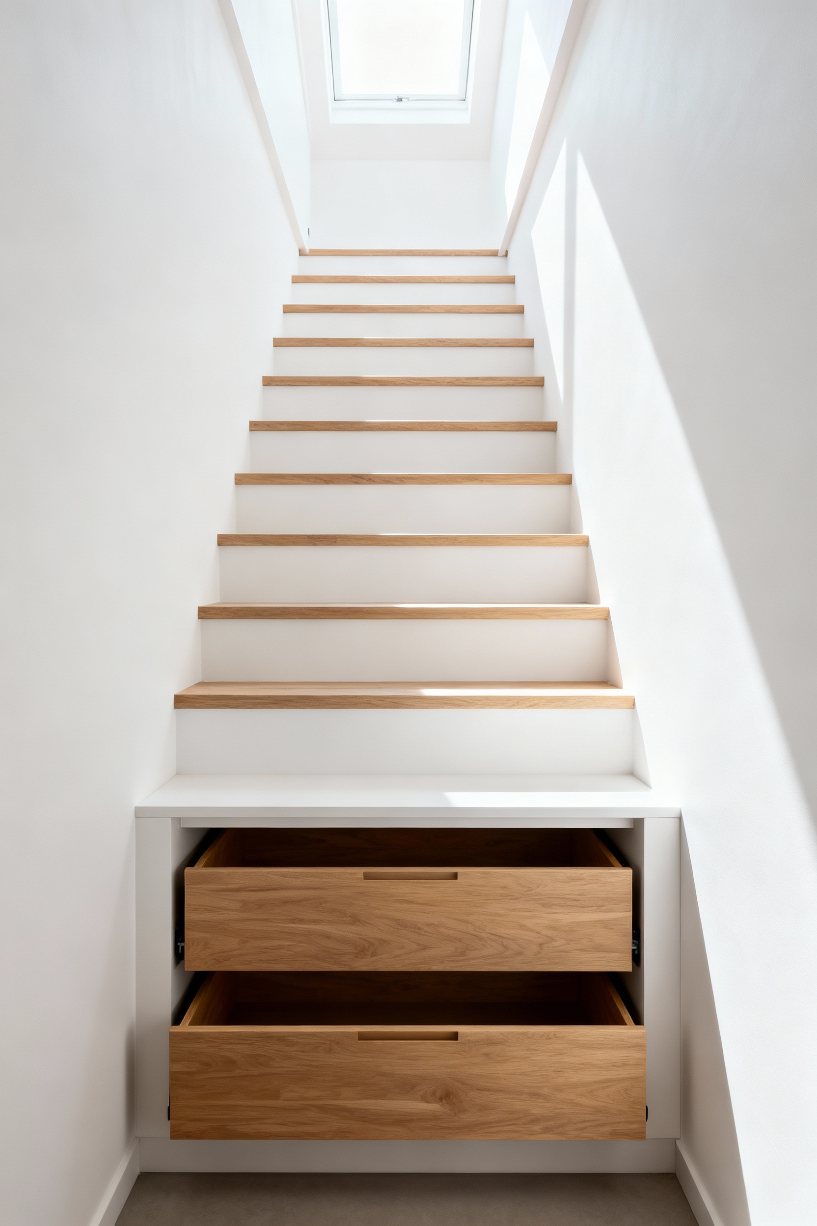 Integrated custom stepped joinery and full-extension storage drawers built into the unused volume beneath a light wood staircase leading to an attic bedroom conversion.
