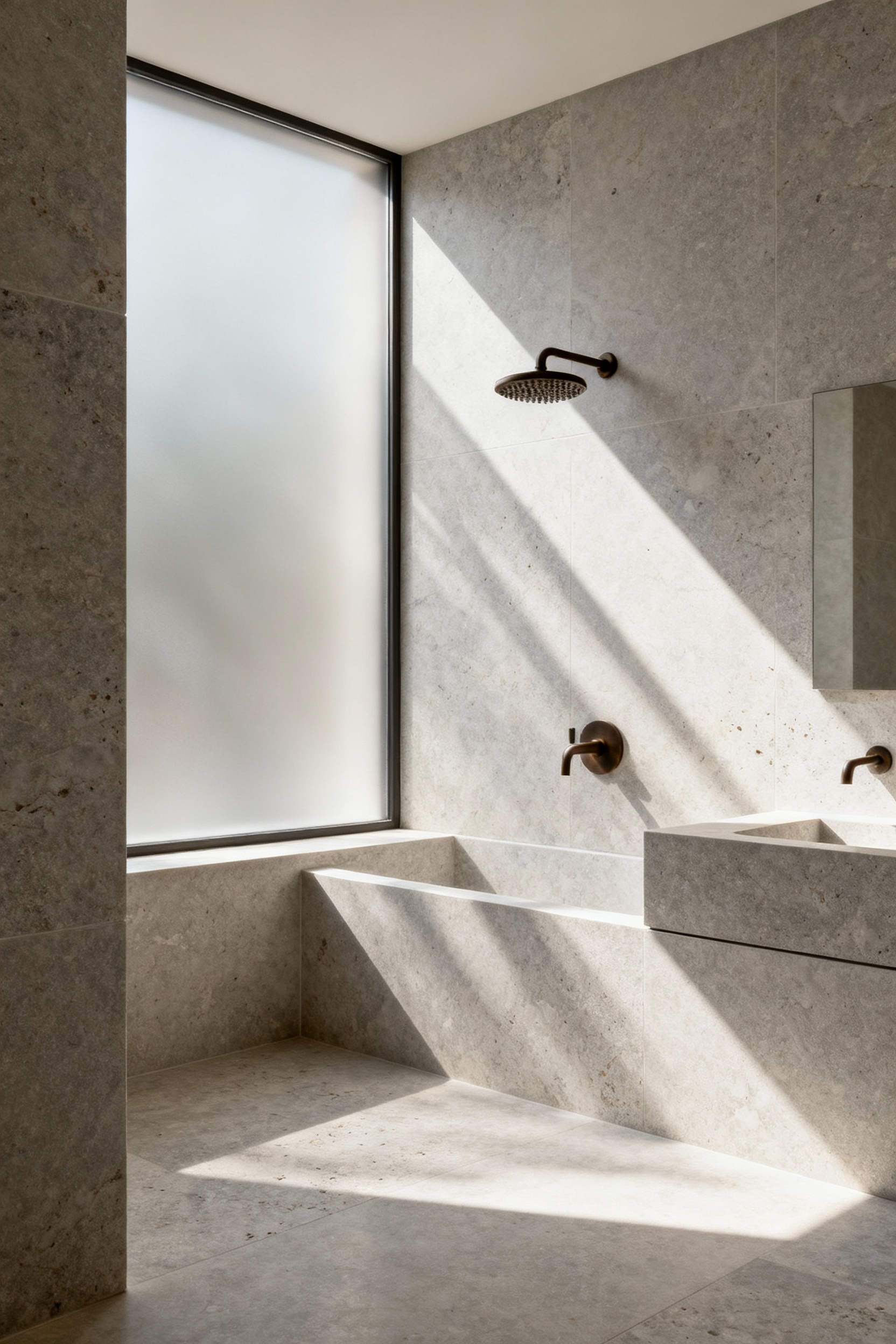 Minimalist bathroom featuring honed light grey limestone walls and shower, highlighting authentic stone texture, diffused lighting, and subtle elegance.