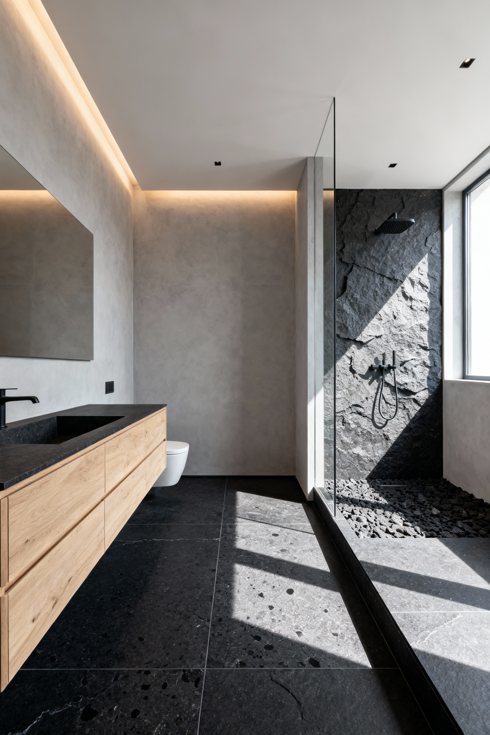 Modern bathroom flooring featuring large, honed deep charcoal basalt tiles creating a sleek, grounded, and water-resistant surface in a wet-room design.