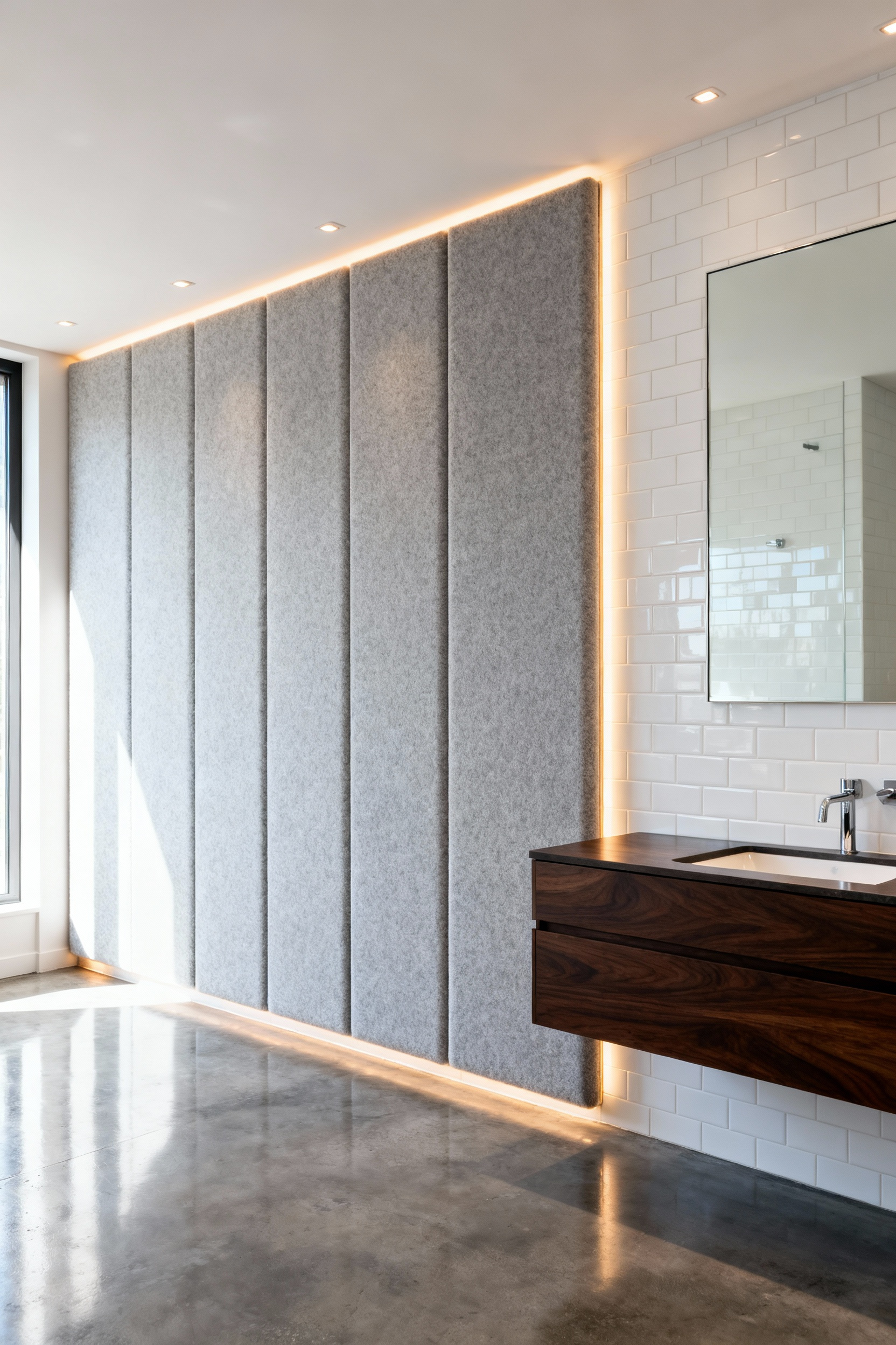 Detailed photo of a modern bathroom utilizing moisture-resistant woven acoustic panels on a feature wall to reduce echo and ambient noise, contrasting with hard tile and glass surfaces.