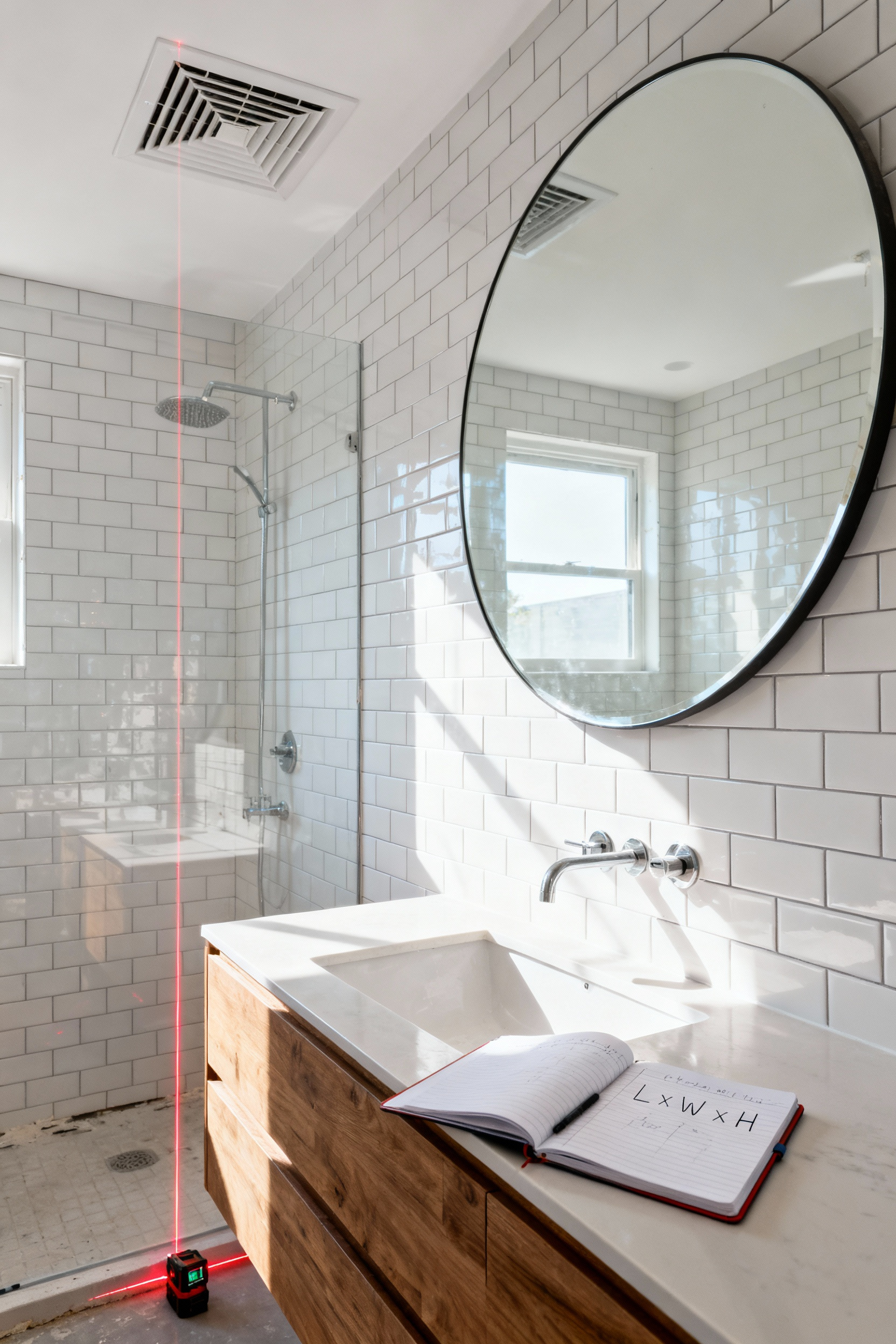 A modern small bathroom showing a laser measure beam indicating vertical height towards an exhaust fan grille on the ceiling, emphasizing the importance of calculating cubic footage during renovation.