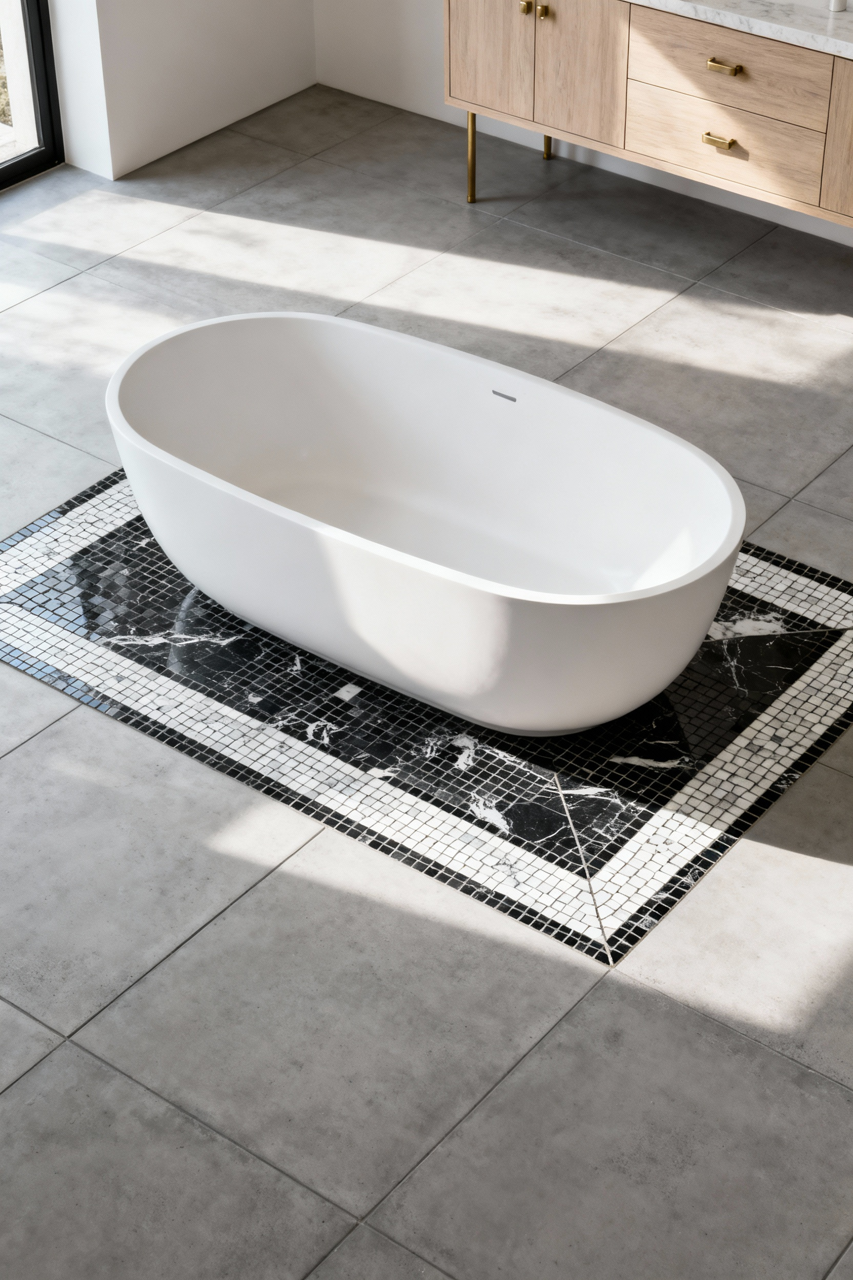 A sophisticated bathroom featuring an inlaid mosaic tile rug design defining the space beneath a white freestanding bathtub, framed by large-format gray field tiles.