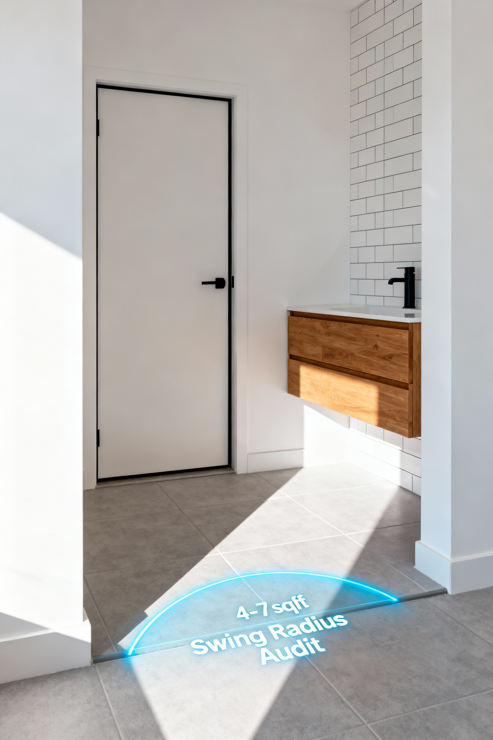 Architectural visualization showing a small bathroom entrance with a recessed pocket door. A luminous blue arc is mapped onto the floor tiles, representing the wasted floor space required by a traditional door's swing radius.