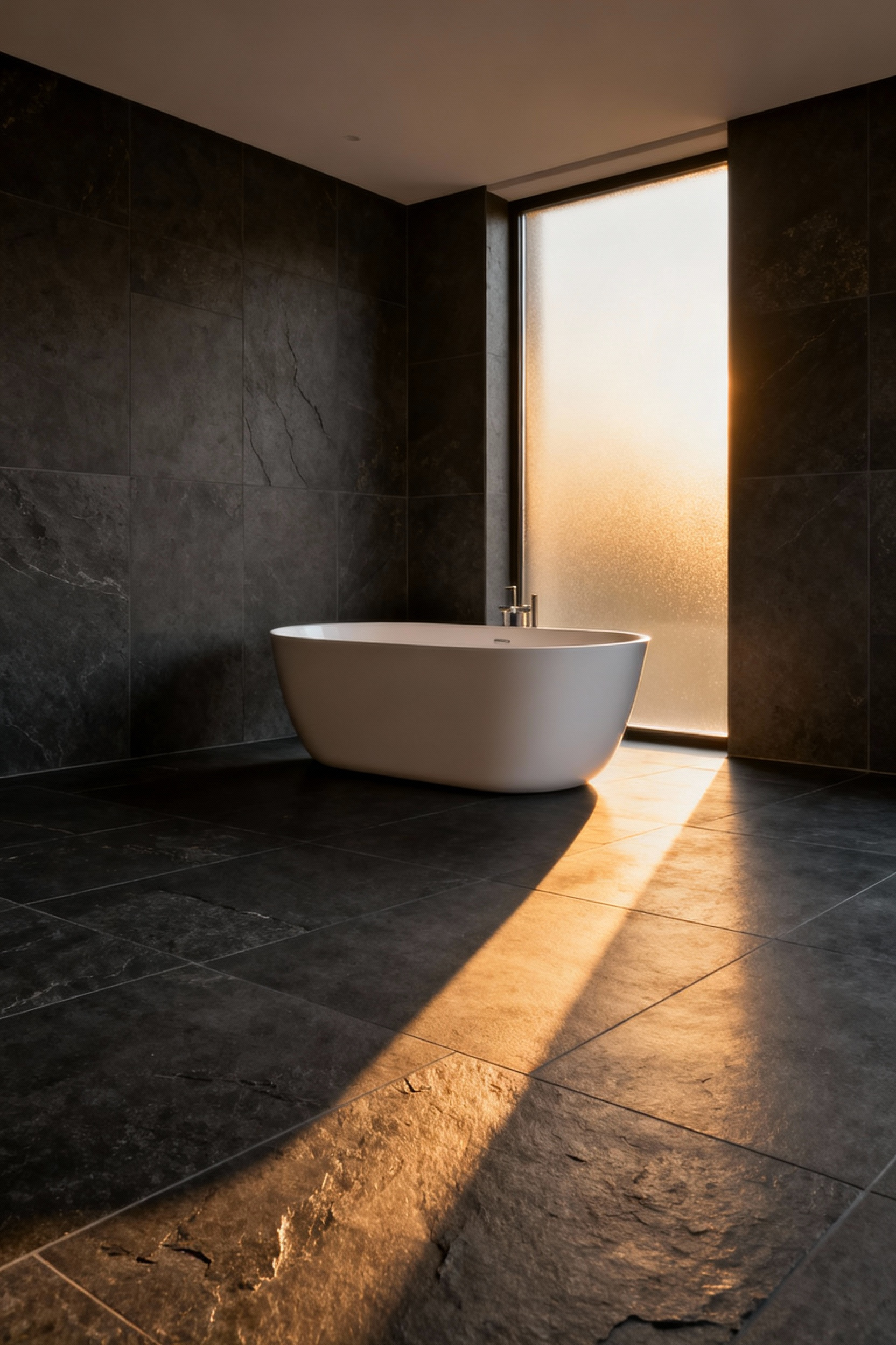 Dense, dark gray porcelain tile flooring in a modern bathroom, illuminated by soft morning light to showcase the material's high thermal mass retention for radiant heating systems.