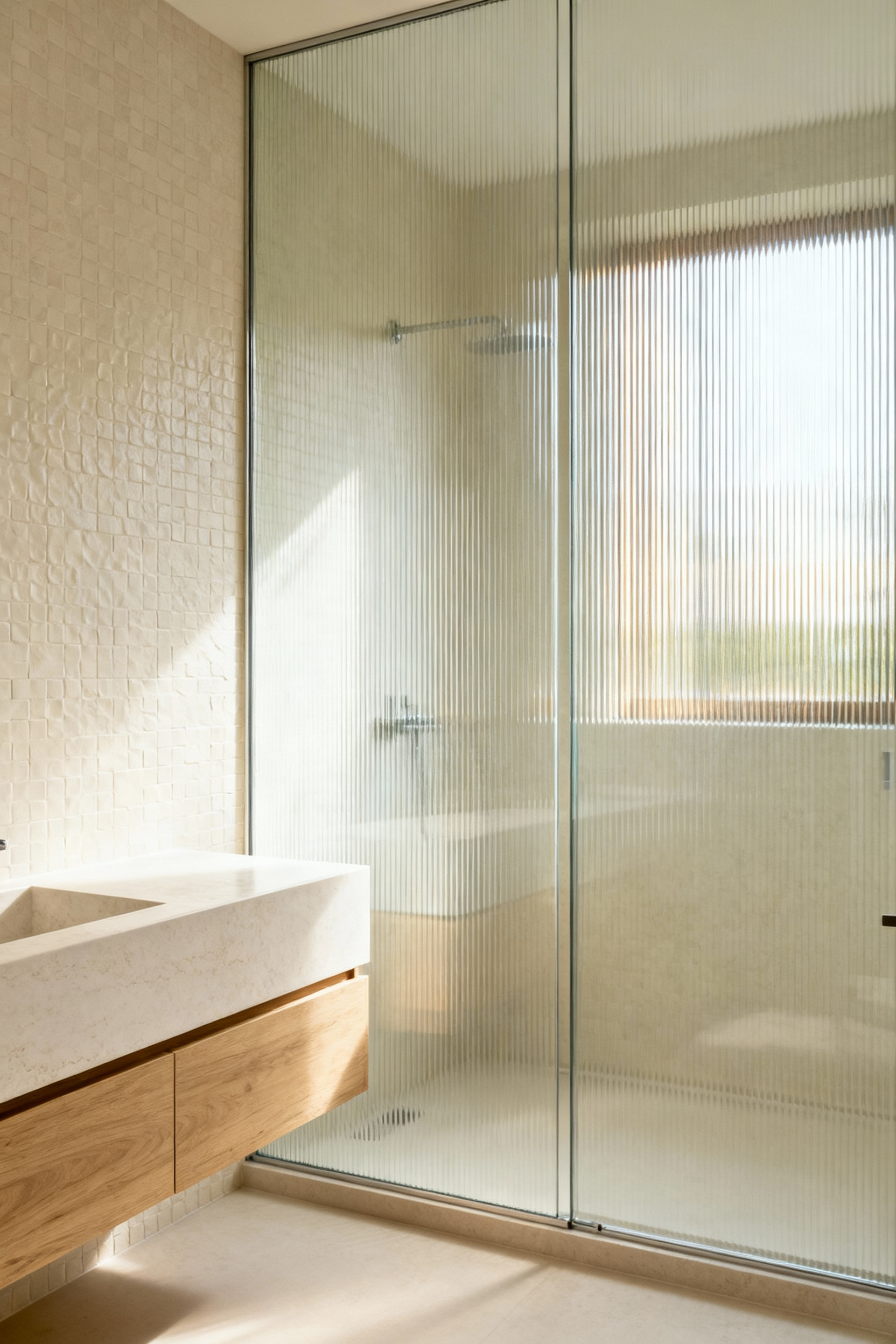 Full view of an organic modern bathroom featuring a reeded glass shower enclosure that diffuses natural light, eliminating harsh shadows on the limestone floor and matte Zellige wall tiles.