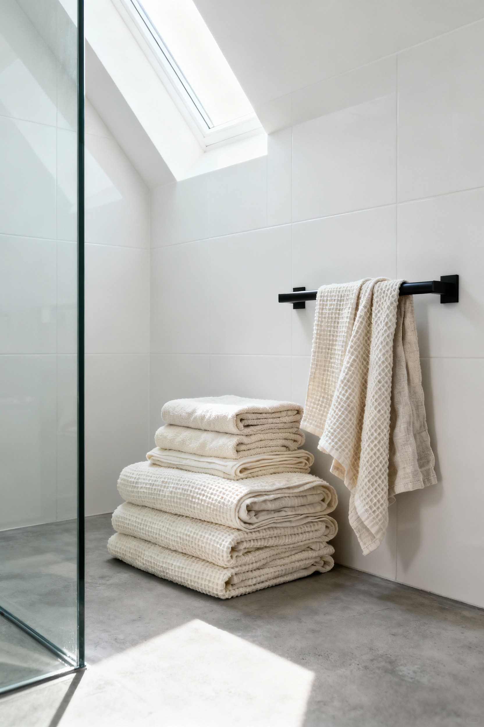 A modern, minimalist bathroom interior showing the contrast between hard surfaces like polished concrete and glass, and layered, soft organic cotton waffle-weave towels and linen fabrics draped on a shelf.