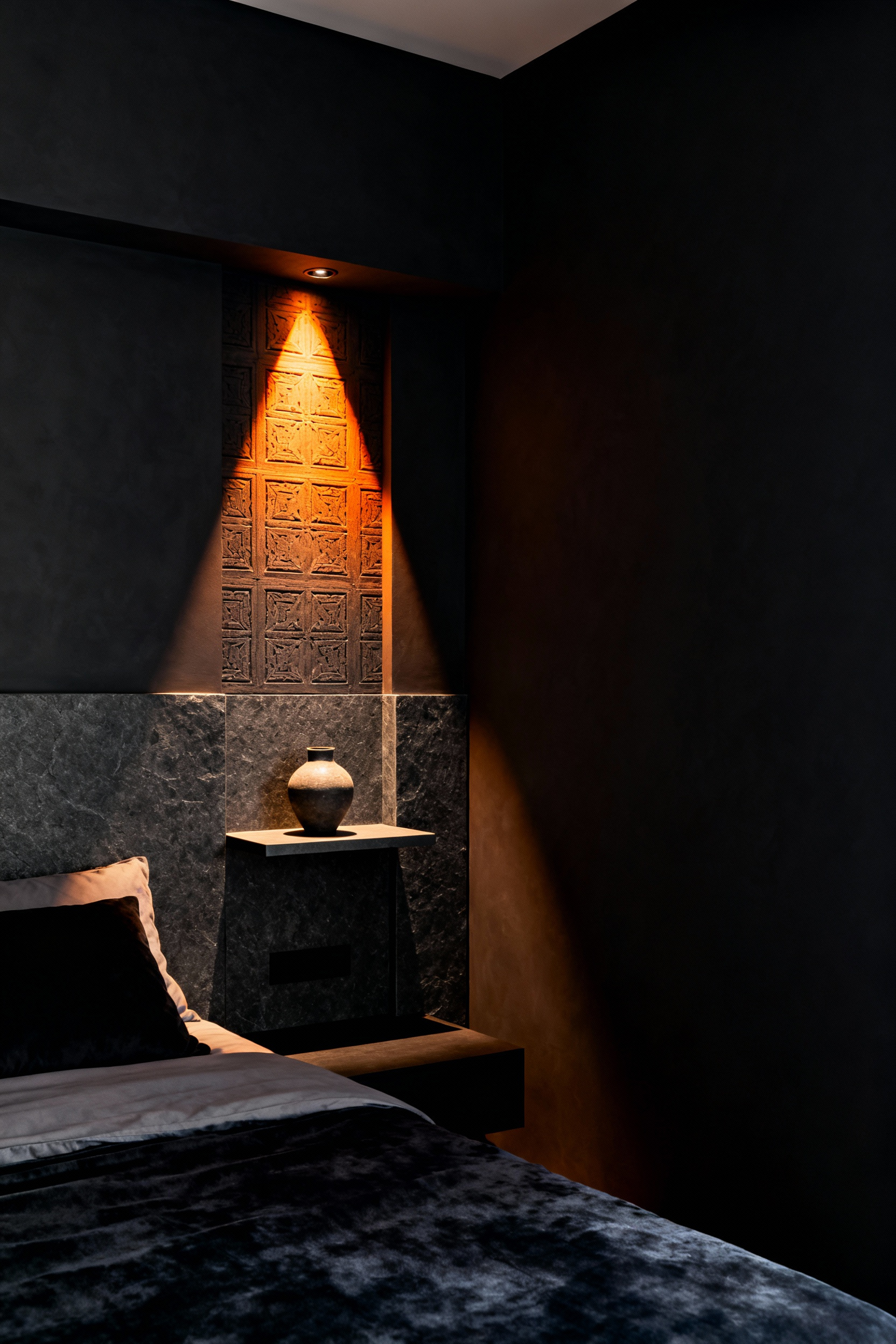 Dramatic low-key bedroom lighting showcasing Chiaroscuro principles, where an accent spotlight creates deep shadows against a textured gray wall and minimalist furniture.