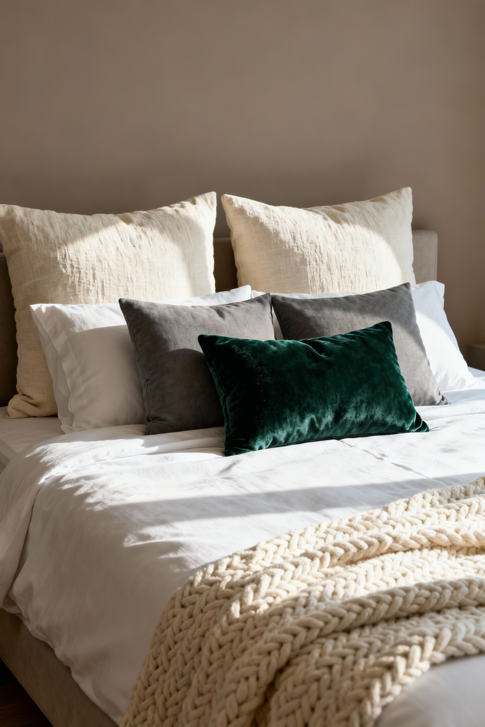 Five decorative pillows arranged in an odd grouping on a luxury bed, showcasing varied textures of linen, cotton, and velvet for sophisticated bedroom style ideas.