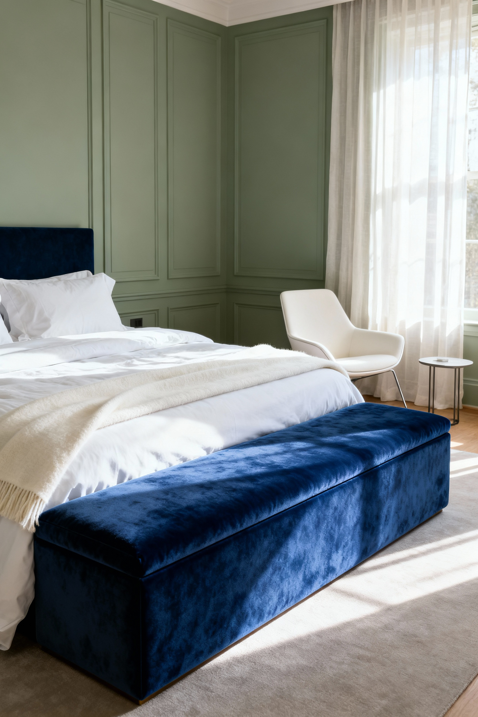 An expansive, professionally styled master bedroom featuring a wide, upholstered sapphire velvet bench positioned at the foot of a king-sized bed, demonstrating proper architectural scaling and zoning for a sanctuary space.