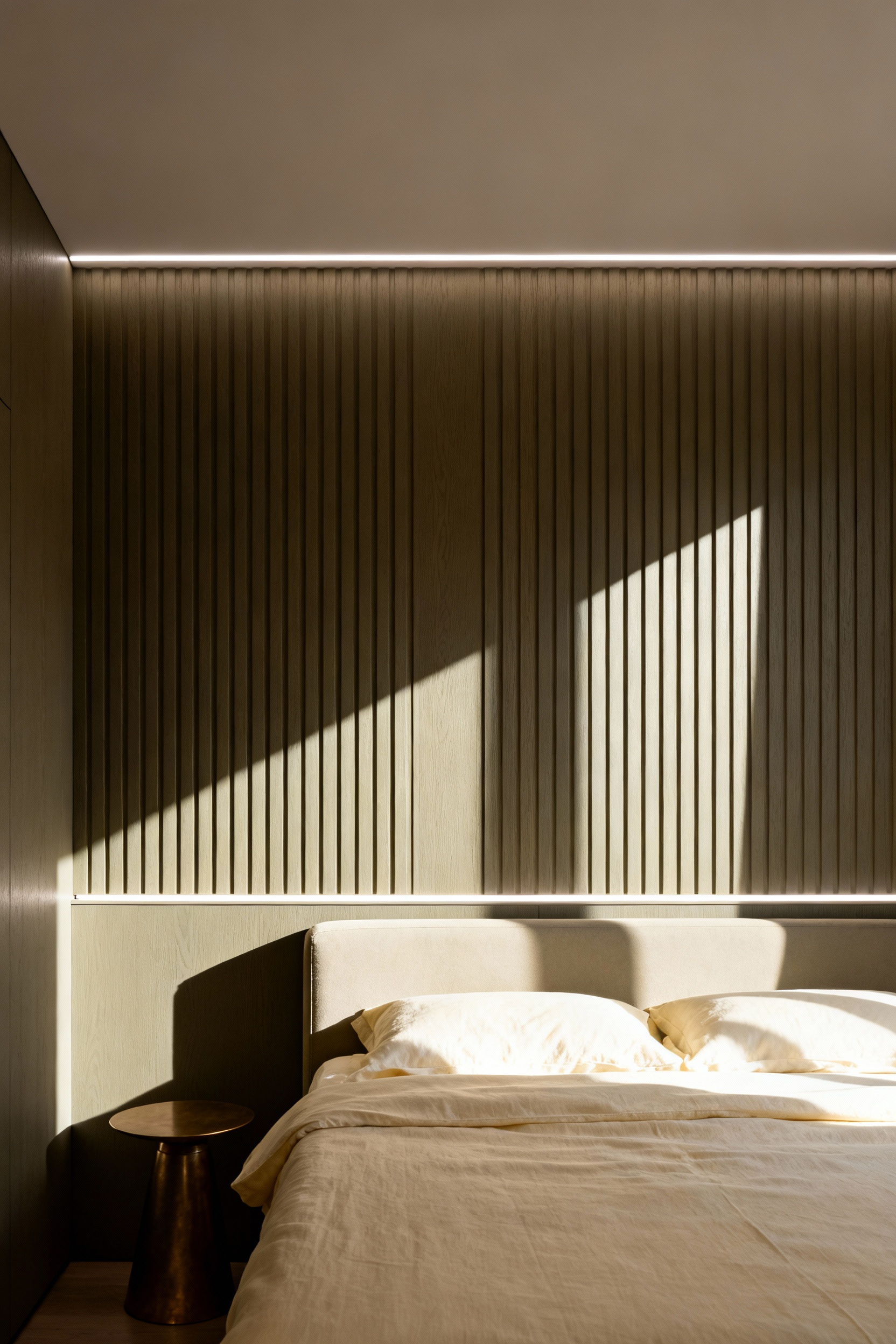 A sophisticated bedroom featuring a textured, vertically fluted accent wall dramatically illuminated by linear LED wall grazing lights, emphasizing the deep shadows and highlights of the texture.