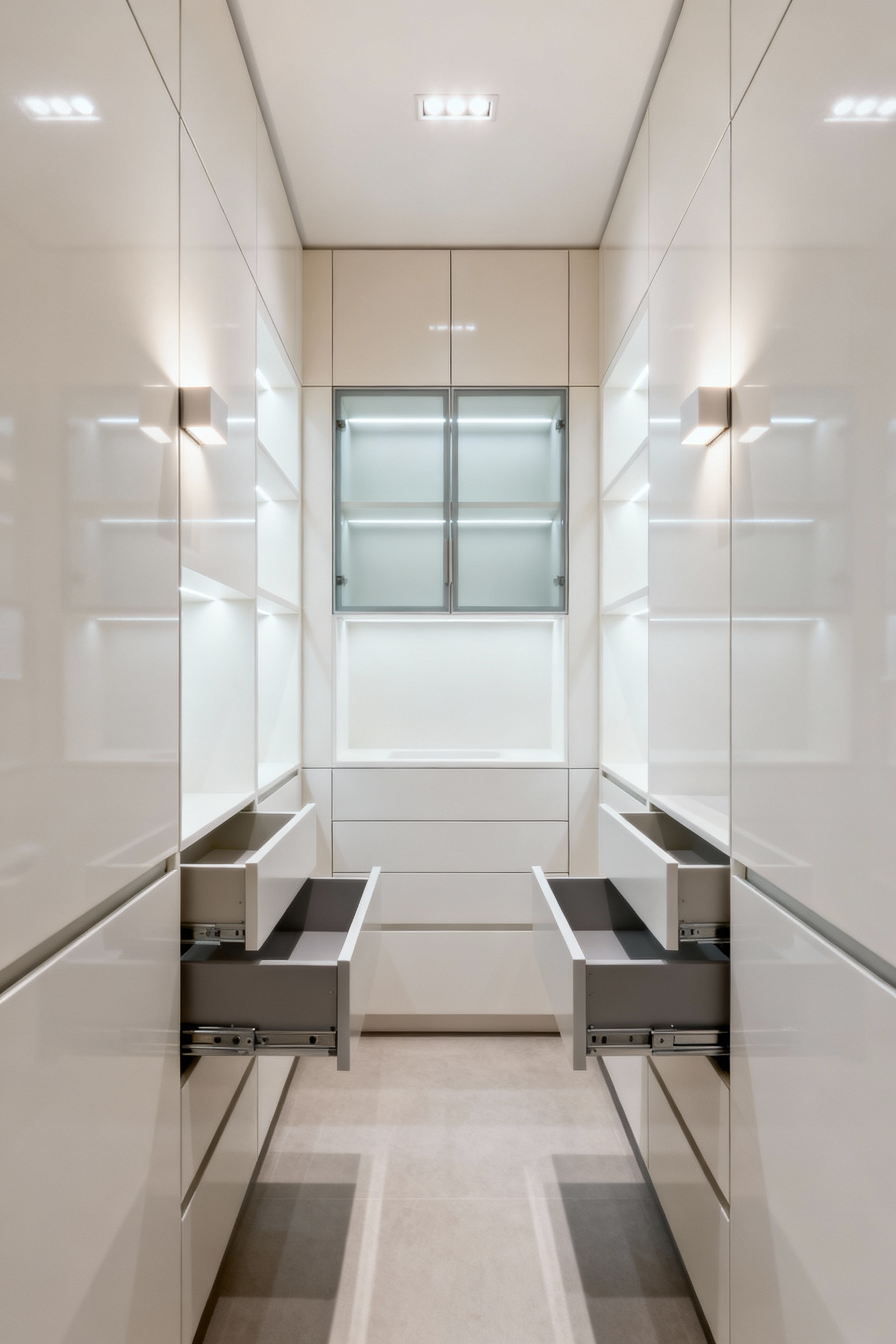 Portrait image showcasing modern bespoke cabinetry seamlessly integrated into a small, elegant bathroom, featuring optimized, precision storage solutions and a minimalist design.