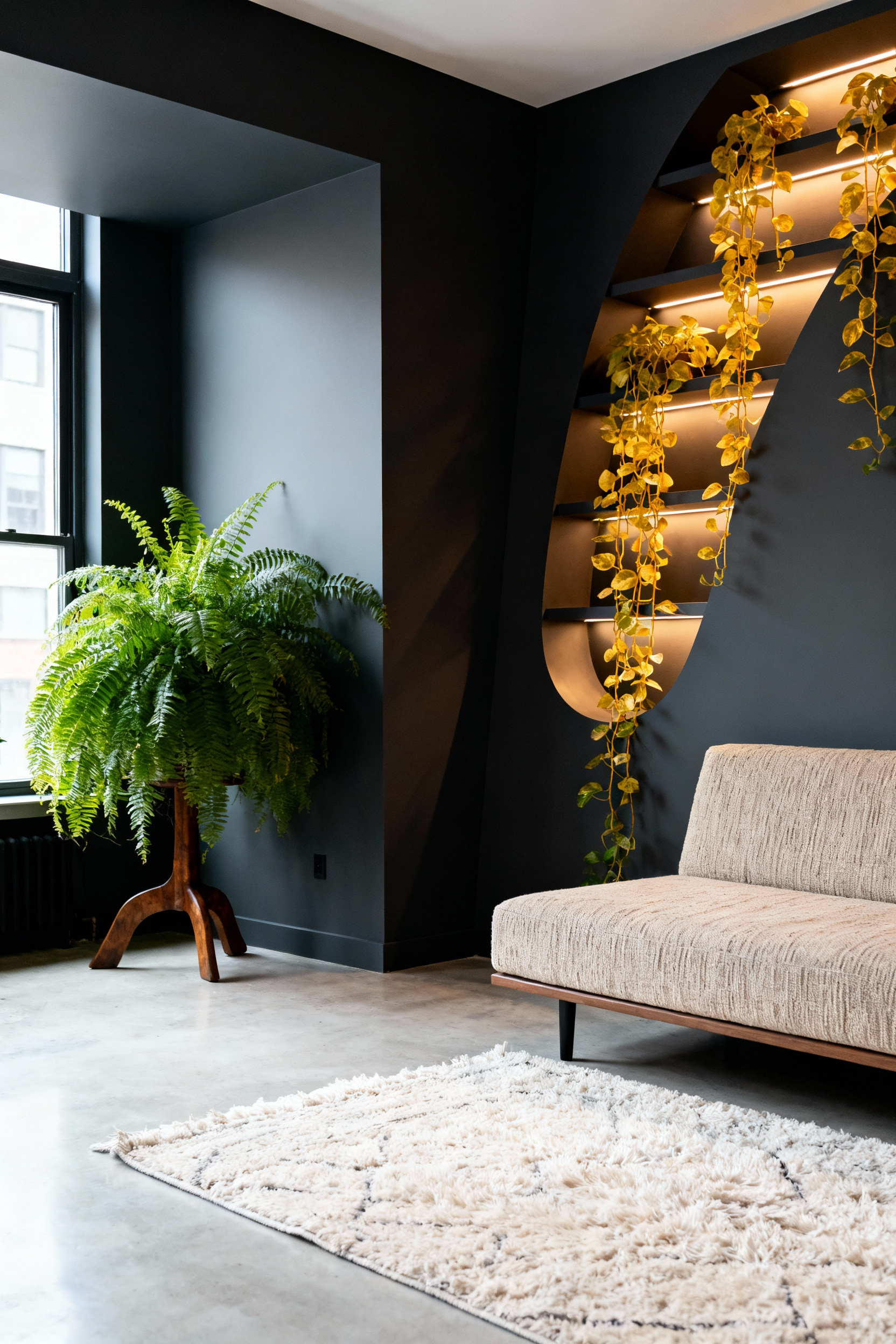 A wide shot of a cozy, modern apartment living room where lush ferns and long trailing pothos actively soften the rigid lines of the concrete and minimalist architecture.