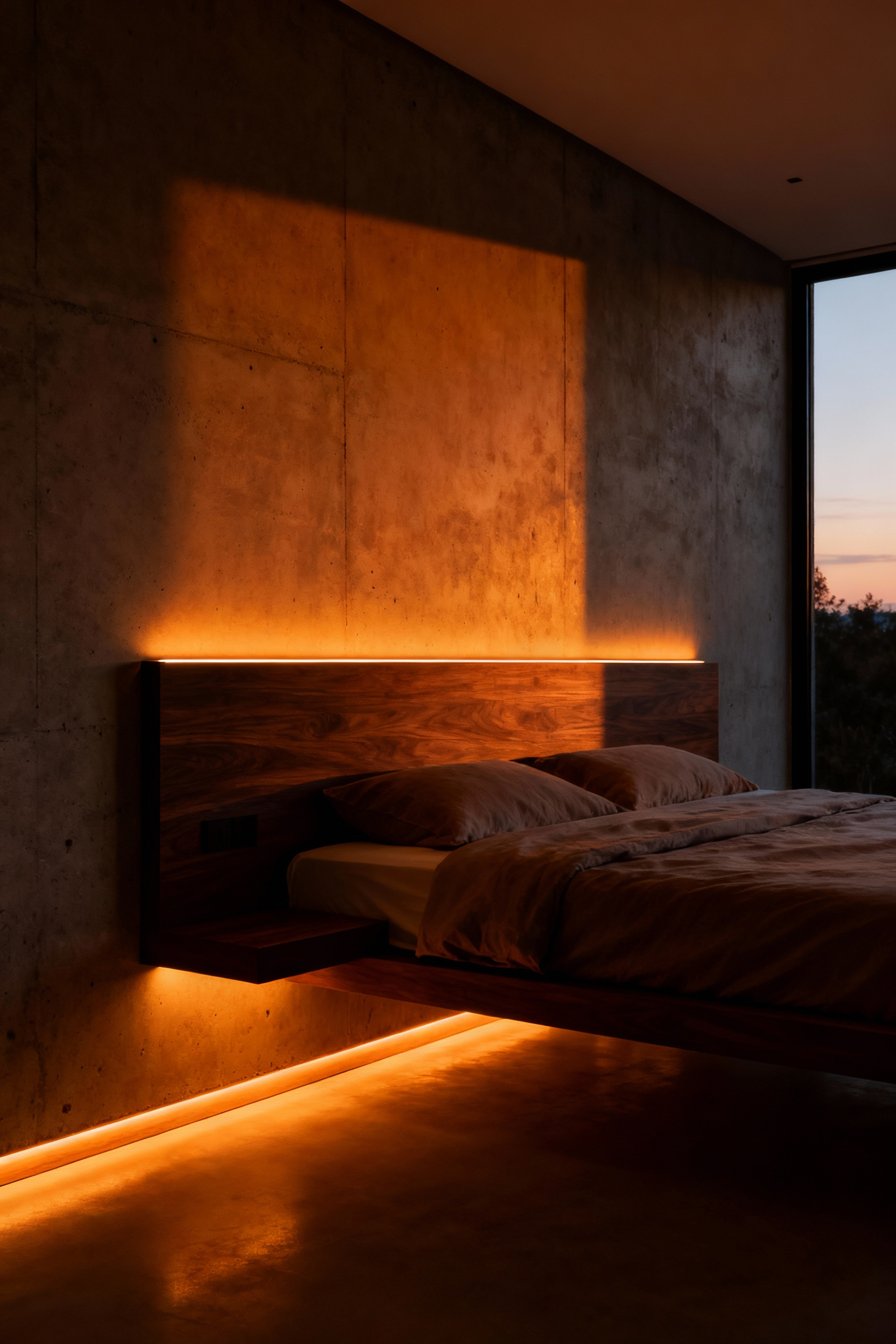 A modern, minimalist bedroom illuminated by low-intensity, deep amber lighting integrated into the floating headboard and baseboards, demonstrating circadian-friendly design.
