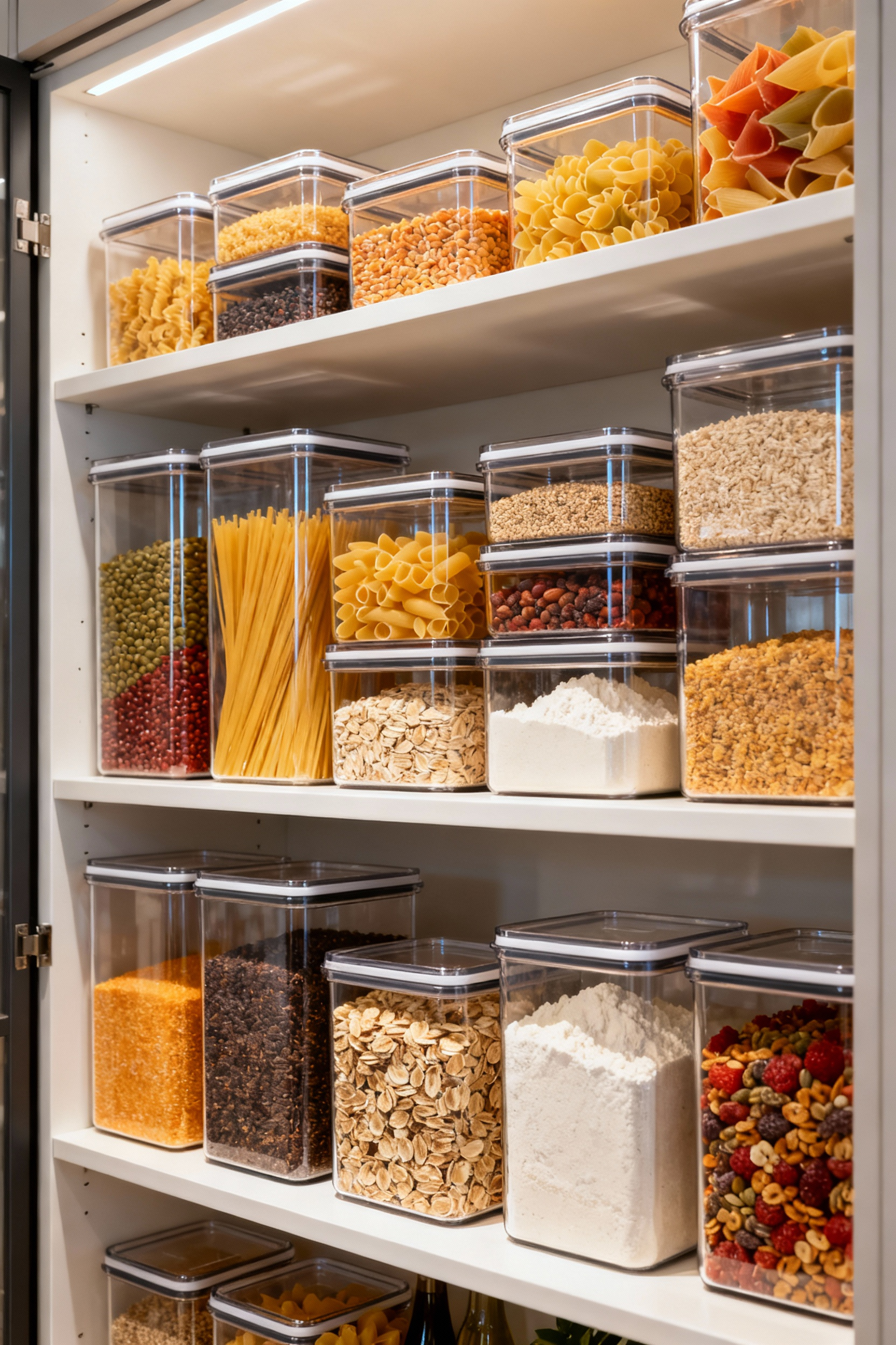 A professionally photographed, neatly organized modern pantry shelf displaying a variety of clear, rectangular, airtight food storage containers filled with diverse dry foods like pasta, flour, and grains. The containers are uniformly stacked to optimize space, showcasing their transparent design and visibility.