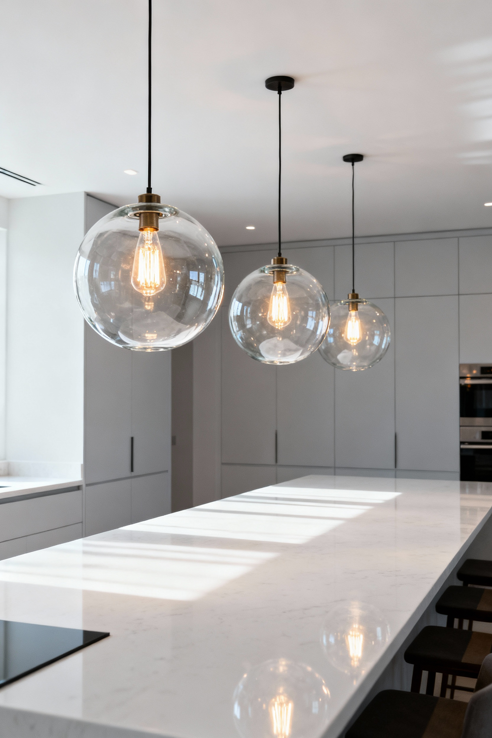 Three clear glass globe pendant lights suspended over a white quartz kitchen island, demonstrating maximum light dispersion and an airy ambient layer.