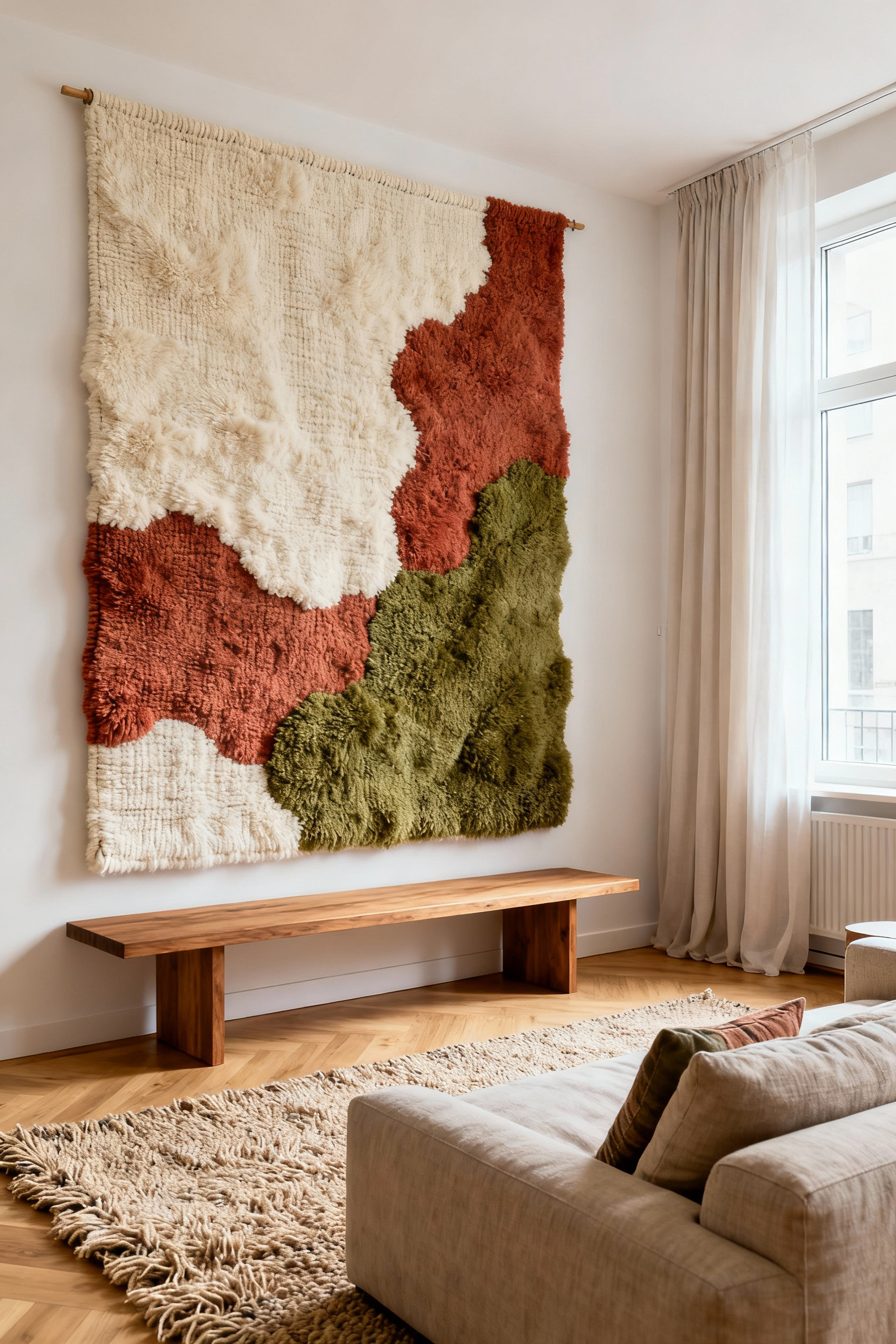 A modern apartment living room designed for acoustic comfort, showcasing a large, textured wool tapestry wall hanging used above a console table to reduce echo and diffuse sound waves.