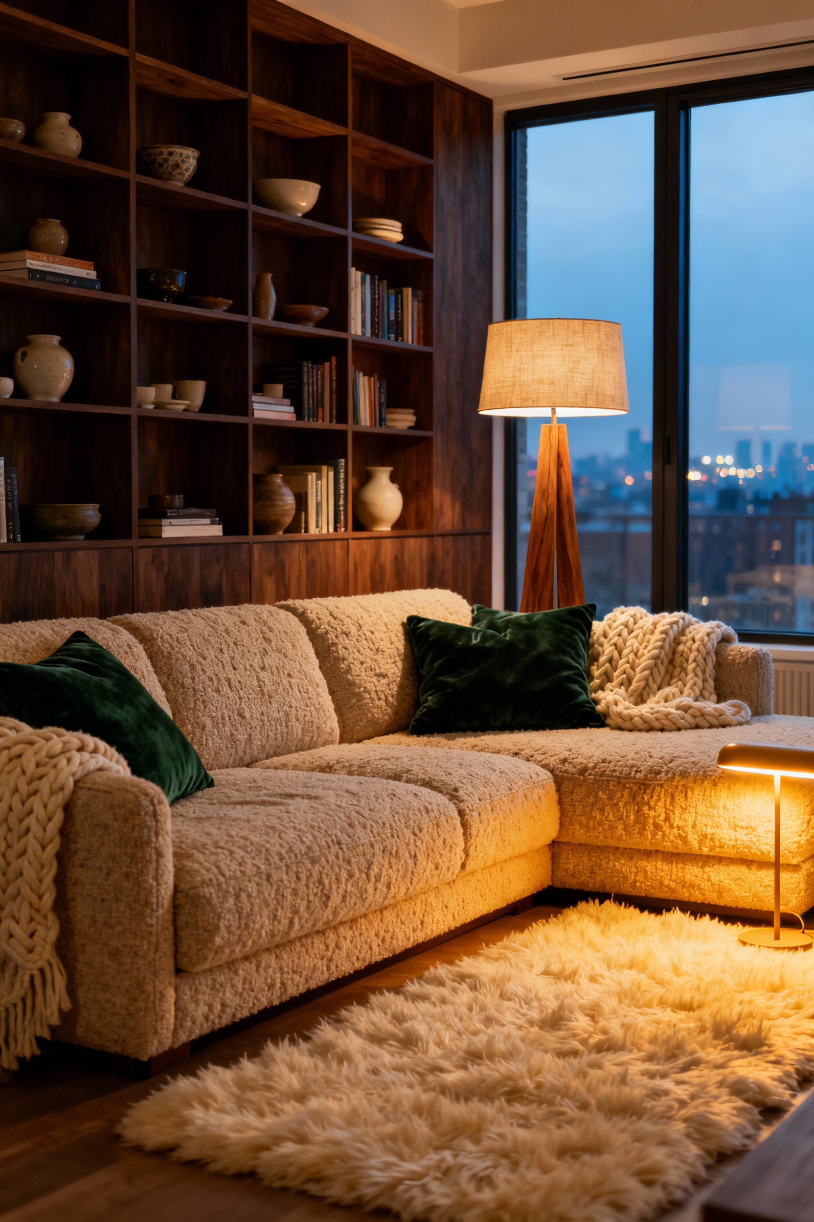 A warmly lit, enclosed urban living room featuring a large oatmeal boucle sectional and dark built-in shelving, illustrating psychological security and sanctuary within an apartment.