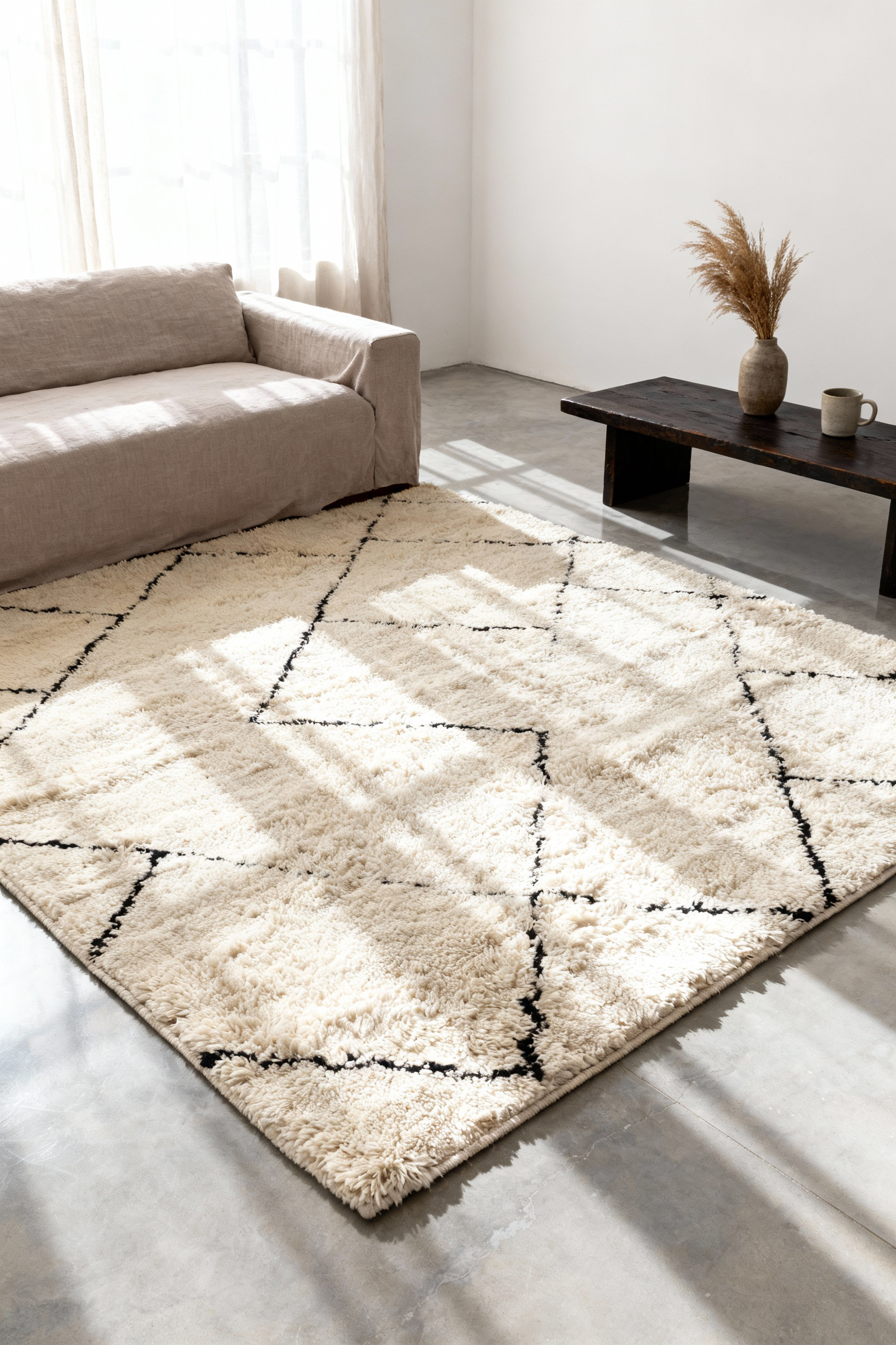 A photograph of a cozy living room in an apartment featuring a large, thick, high-pile Beni Ourain wool rug laid over a concrete floor to provide acoustic dampening and warmth.