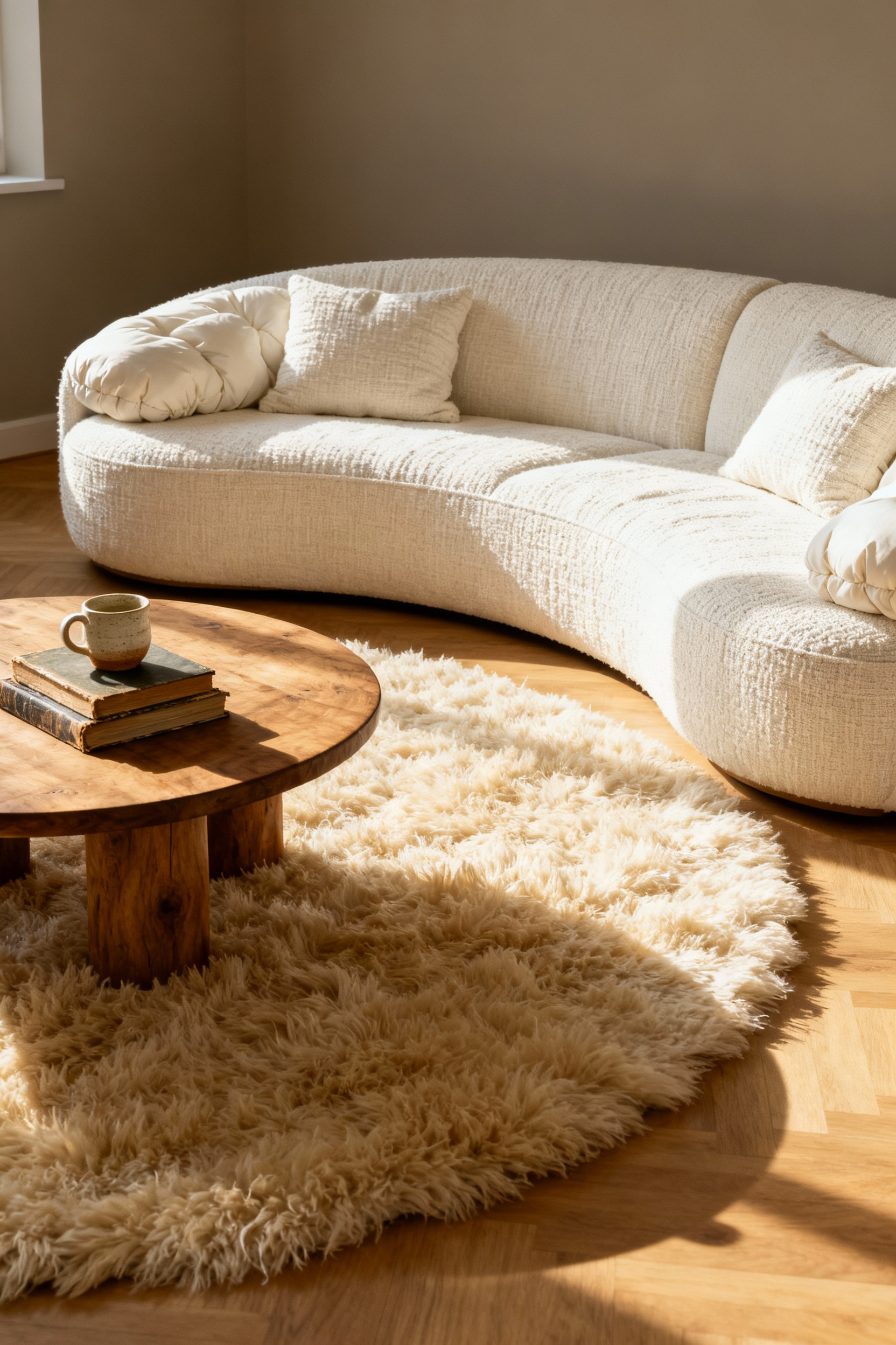 A photograph of a cozy apartment living room featuring a massive, deep-seated creamy white linen boucle sectional sofa with down-wrapped cushions designed for full-body lounging and nesting.