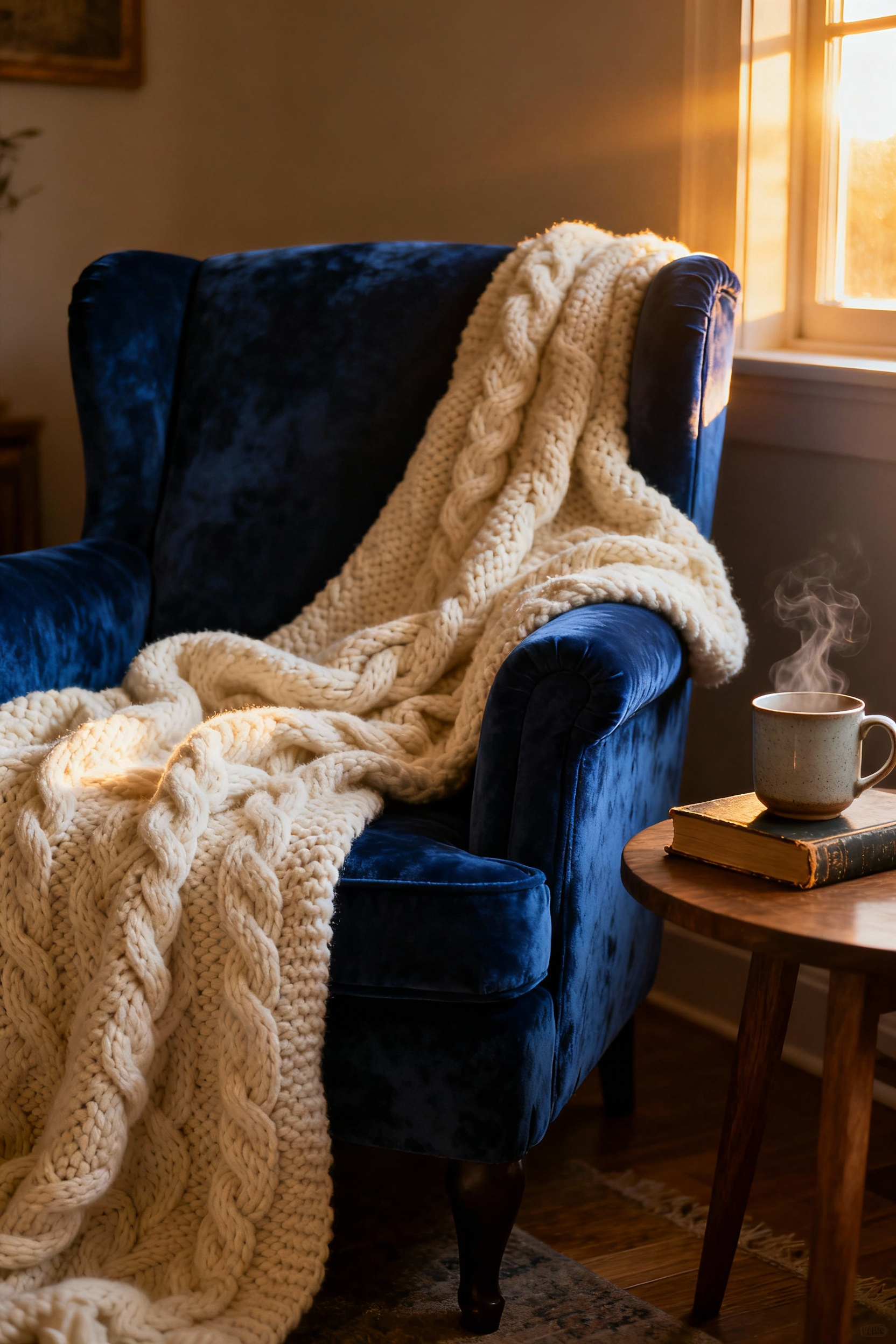 A close up on a sapphire blue velvet armchair in a cozy living room corner with a cream cable knit throw blanket artfully rumpled and draped to create a relaxed, lived-in feel.