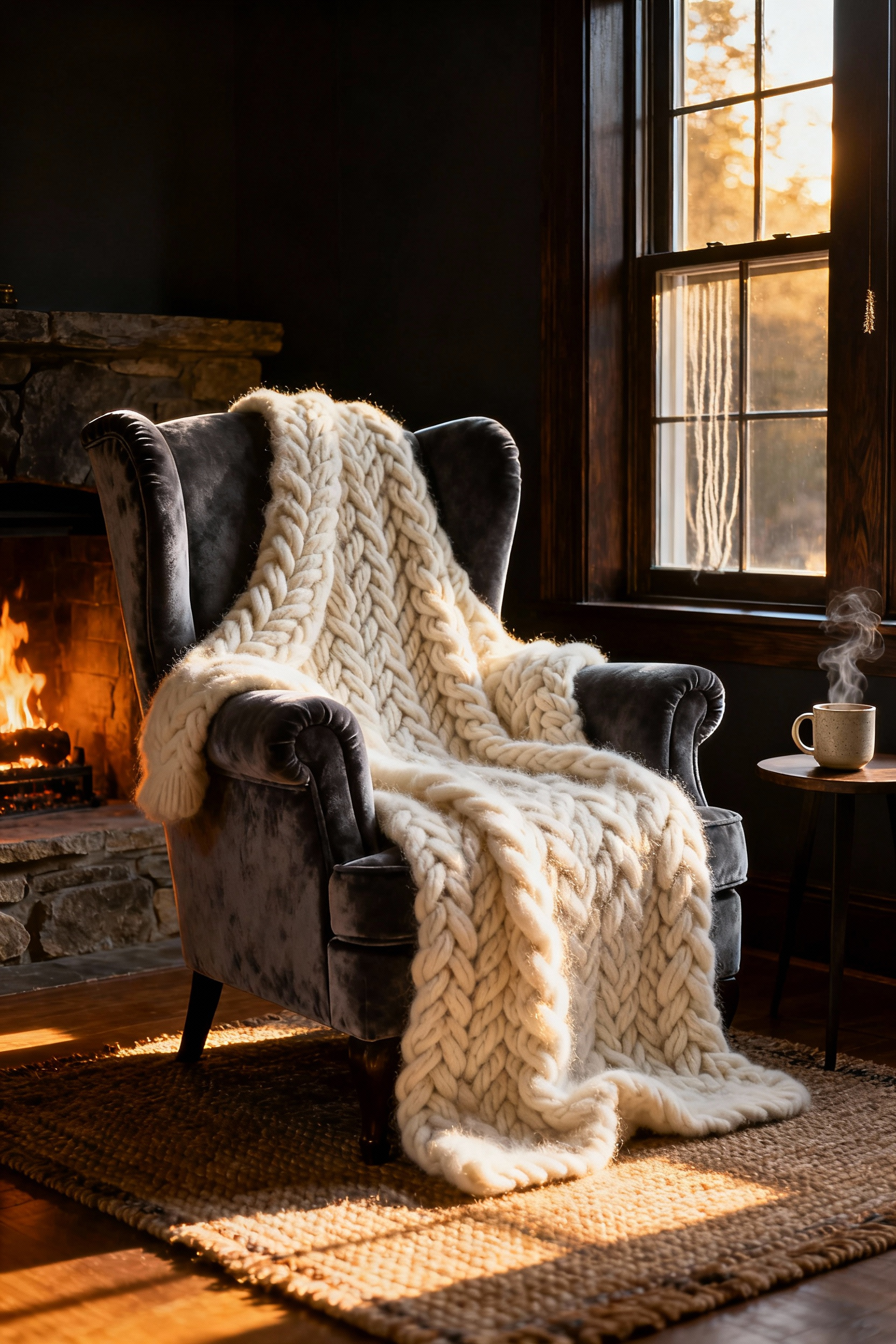A hyper-cozy living room scene featuring a thick cable-knit wool and mohair blanket draped over a charcoal velvet armchair, demonstrating insulating textile properties.