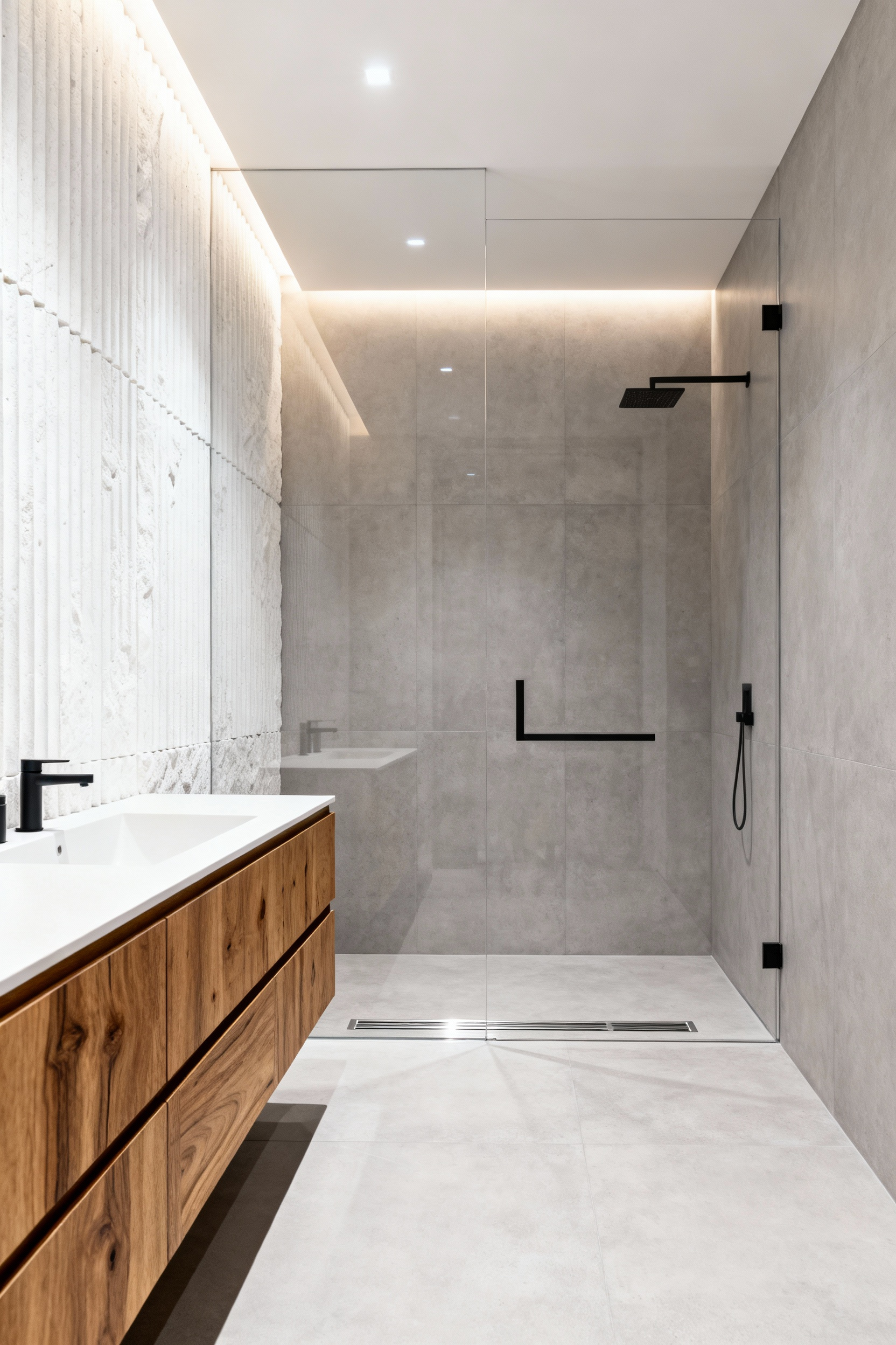 Modern luxury bathroom featuring a curbless walk-in shower with large format gray tiles and a visible linear drain, designed to maintain a seamless, unbroken floor plane.
