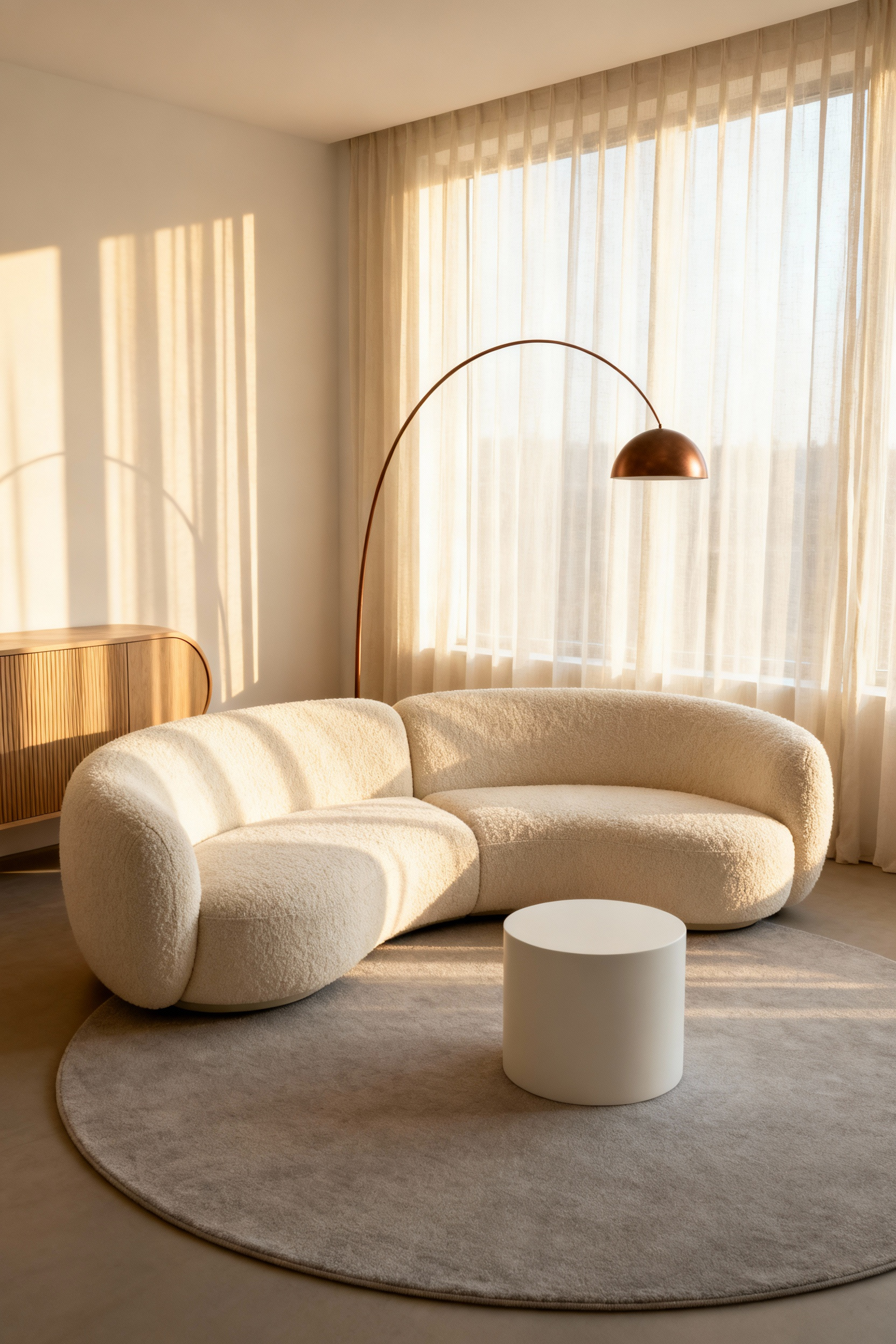 A cozy living room featuring cream-colored rounded modular furniture, a cylindrical coffee table, and an arched floor lamp, demonstrating the comforting effect of curvilinear design principles.
