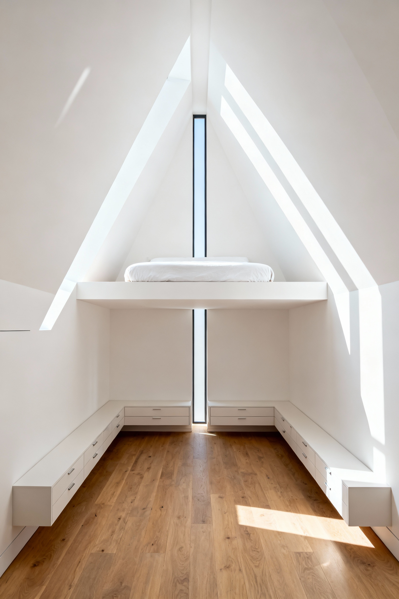 A modern attic bedroom conversion demonstrating a narrow central livability strip due to steeply angled walls and the high ceiling height requirement, featuring a central bed and low custom built-ins.