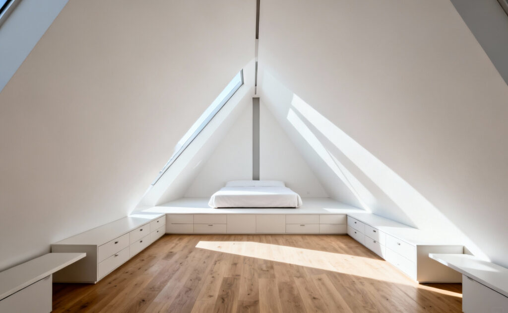 A modern attic bedroom conversion demonstrating a narrow central livability strip due to steeply angled walls and the high ceiling height requirement, featuring a central bed and low custom built-ins.