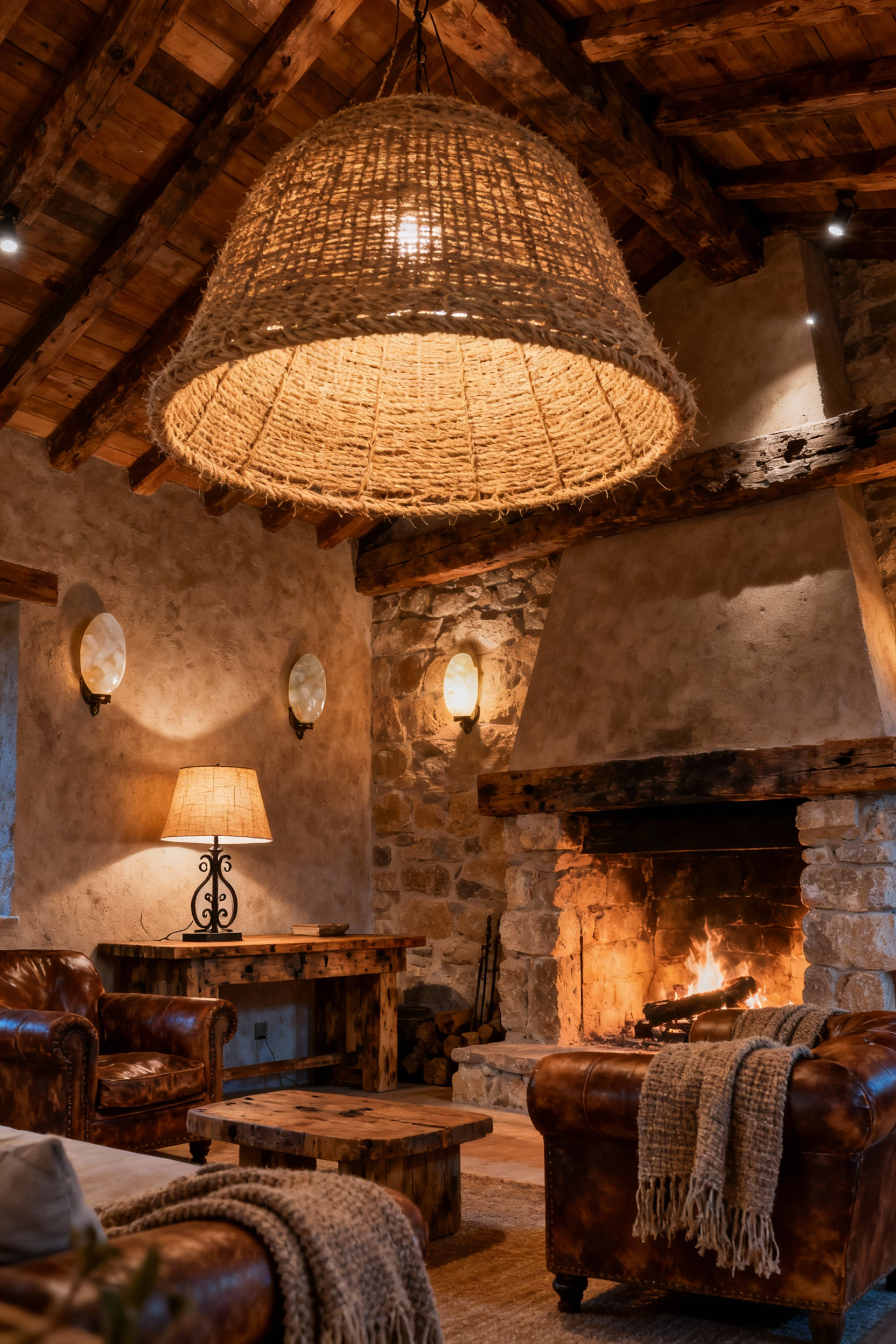 Rustic living room with warm, layered diffuse lighting from a jute pendant, alabaster sconces, and lamps, illuminating natural wood beams and a stone fireplace.