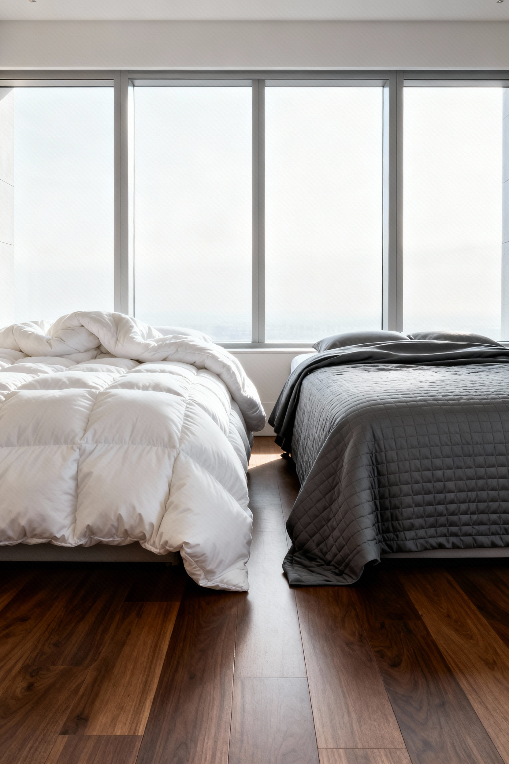 Side-by-side comparison of a high-volume white duvet and a low-volume tailored gray coverlet in a luxury bedroom setting, illustrating the visual impact of bedding volume.