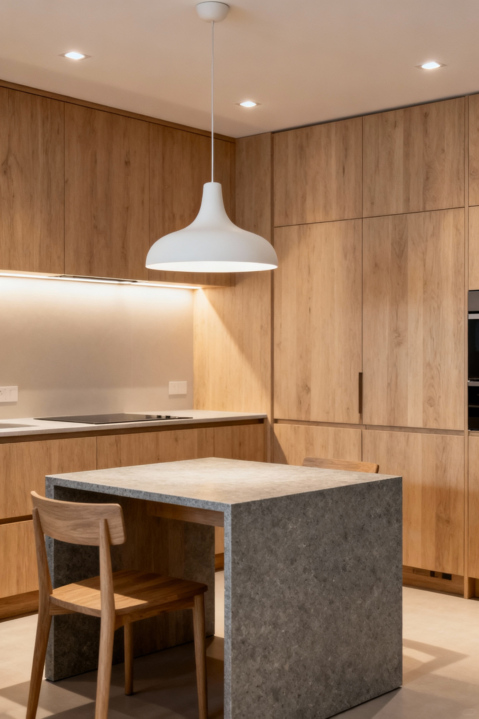 Scandinavian kitchen with layered lighting, showing soft ambient light, focused task lighting under cabinets, and a warm glow from a pendant lamp over an island, emphasizing wood textures and minimalist design.