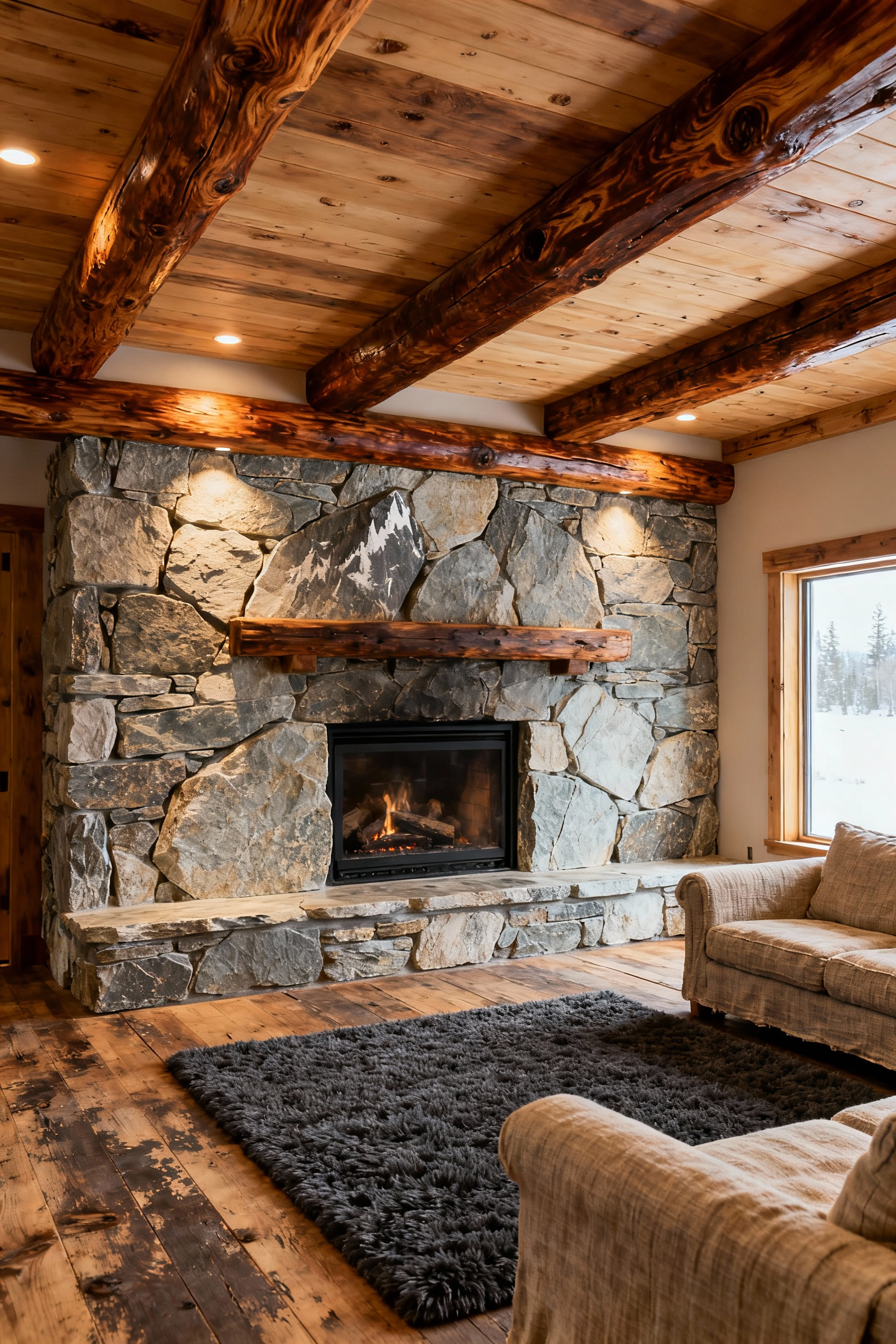 Rustic living room with exposed Douglas fir ceiling beams and dry-stacked quartzite stone fireplace wall, natural lighting and warm ambient down-lighting, textured wool rug, and linen sofa.