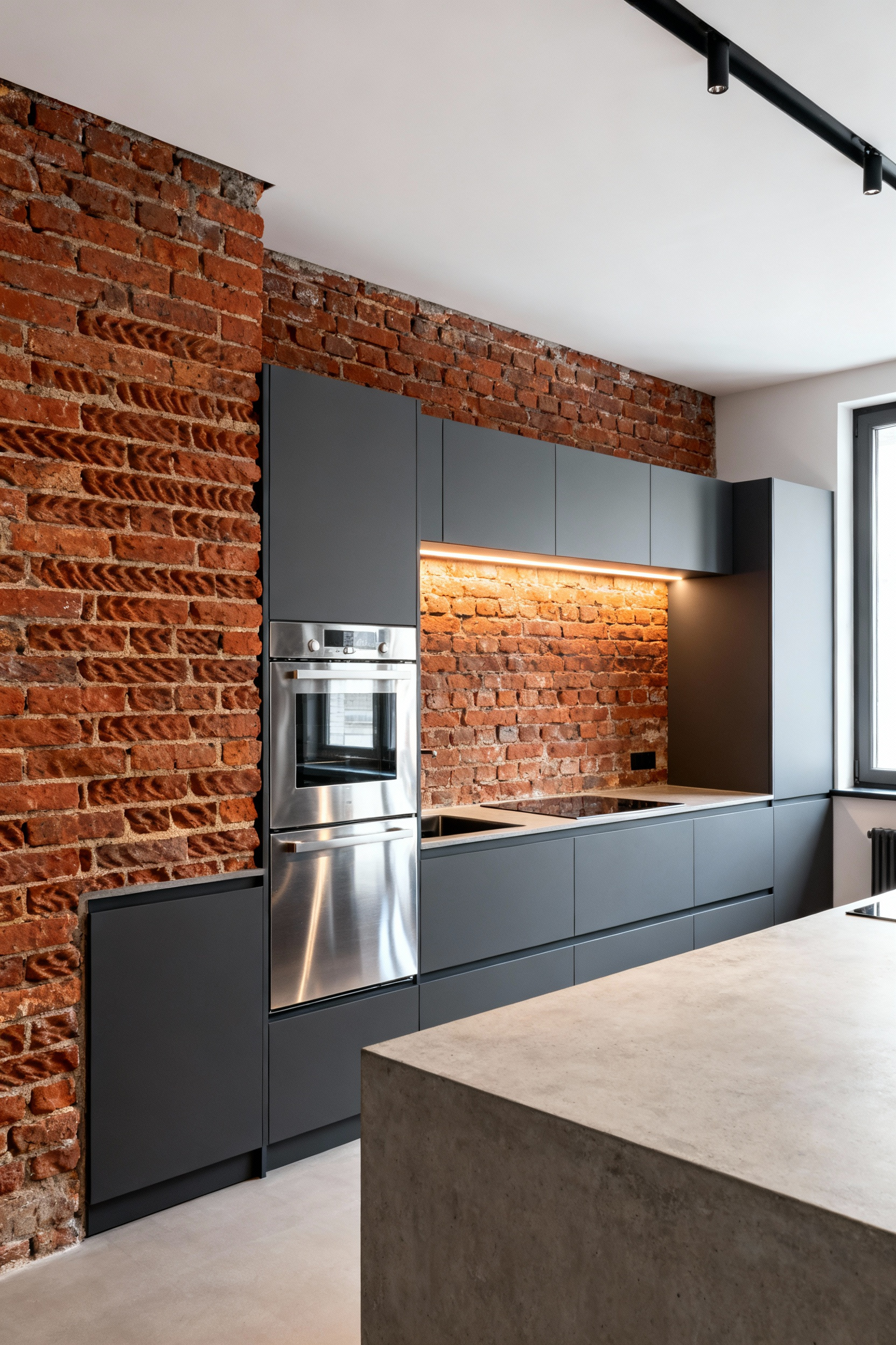 A modern kitchen interior featuring an exposed red brick accent wall that contrasts sharply with sleek stainless steel appliances and minimalist gray cabinetry.