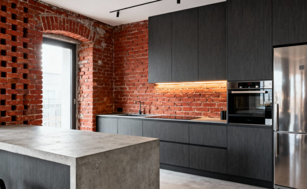 A modern kitchen interior featuring an exposed red brick accent wall that contrasts sharply with sleek stainless steel appliances and minimalist gray cabinetry.