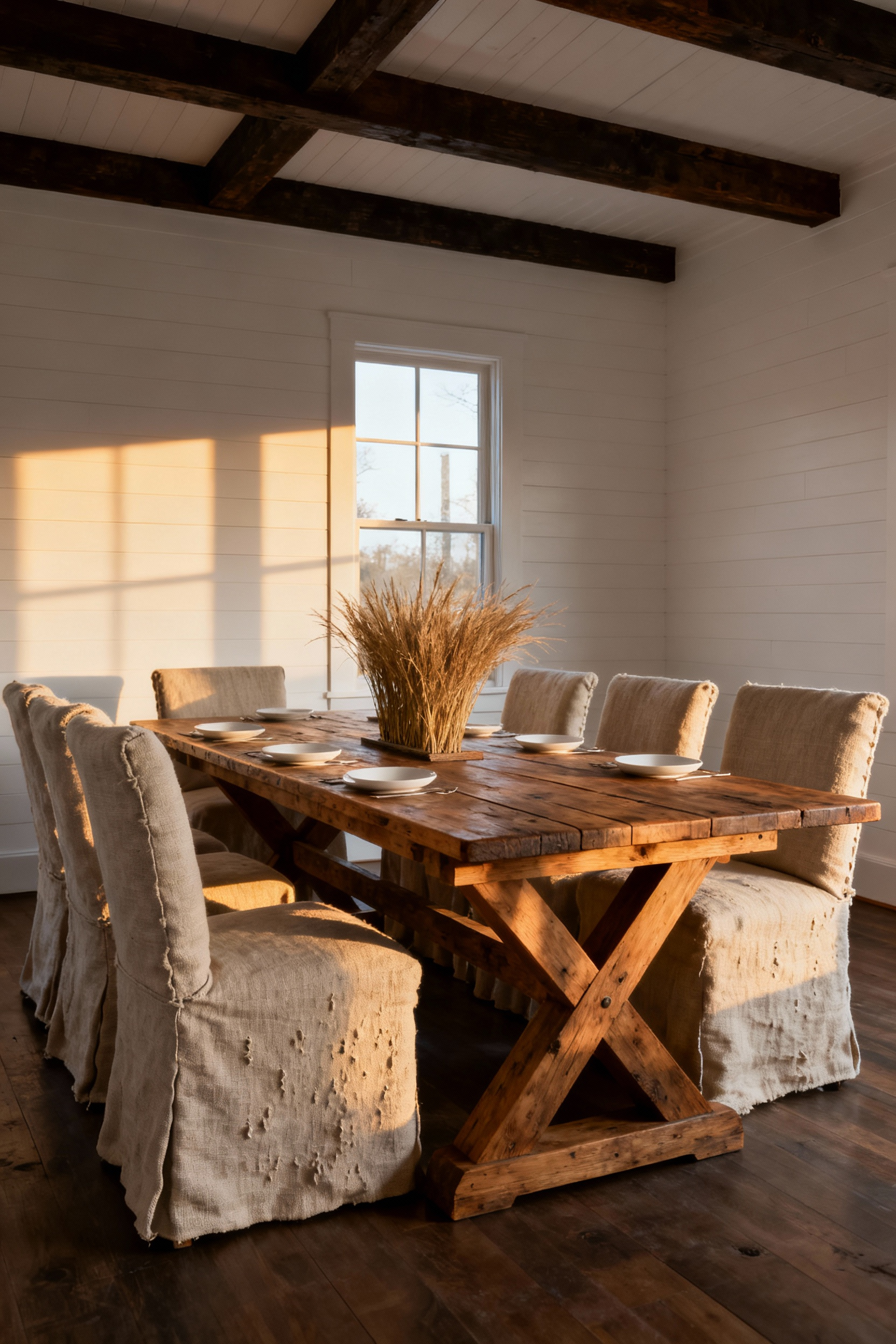 A full view of a rustic farmhouse dining room featuring a trestle table and upholstered chairs covered in textured oatmeal-colored performance fabric designed to look like vintage grain sacks, illuminated by warm window light.