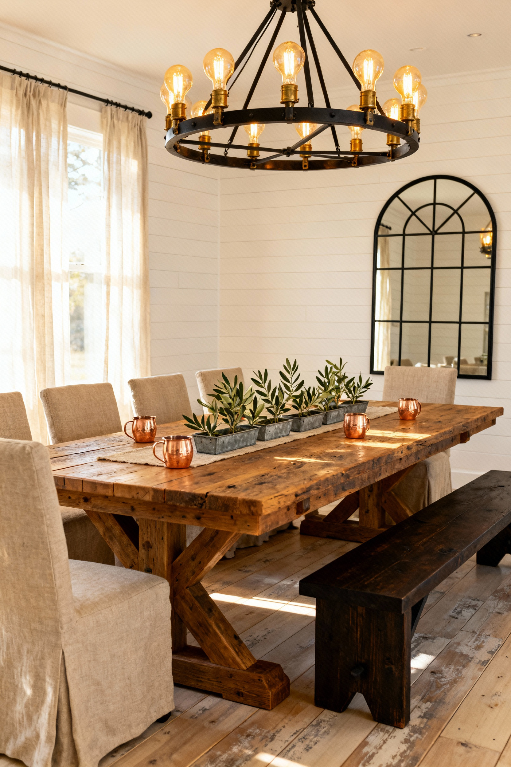 A sophisticated farmhouse dining room featuring a long reclaimed wood table, illuminated by a large industrial chandelier that expertly mixes matte black and aged brass metals, demonstrating tactile warmth through contrast.