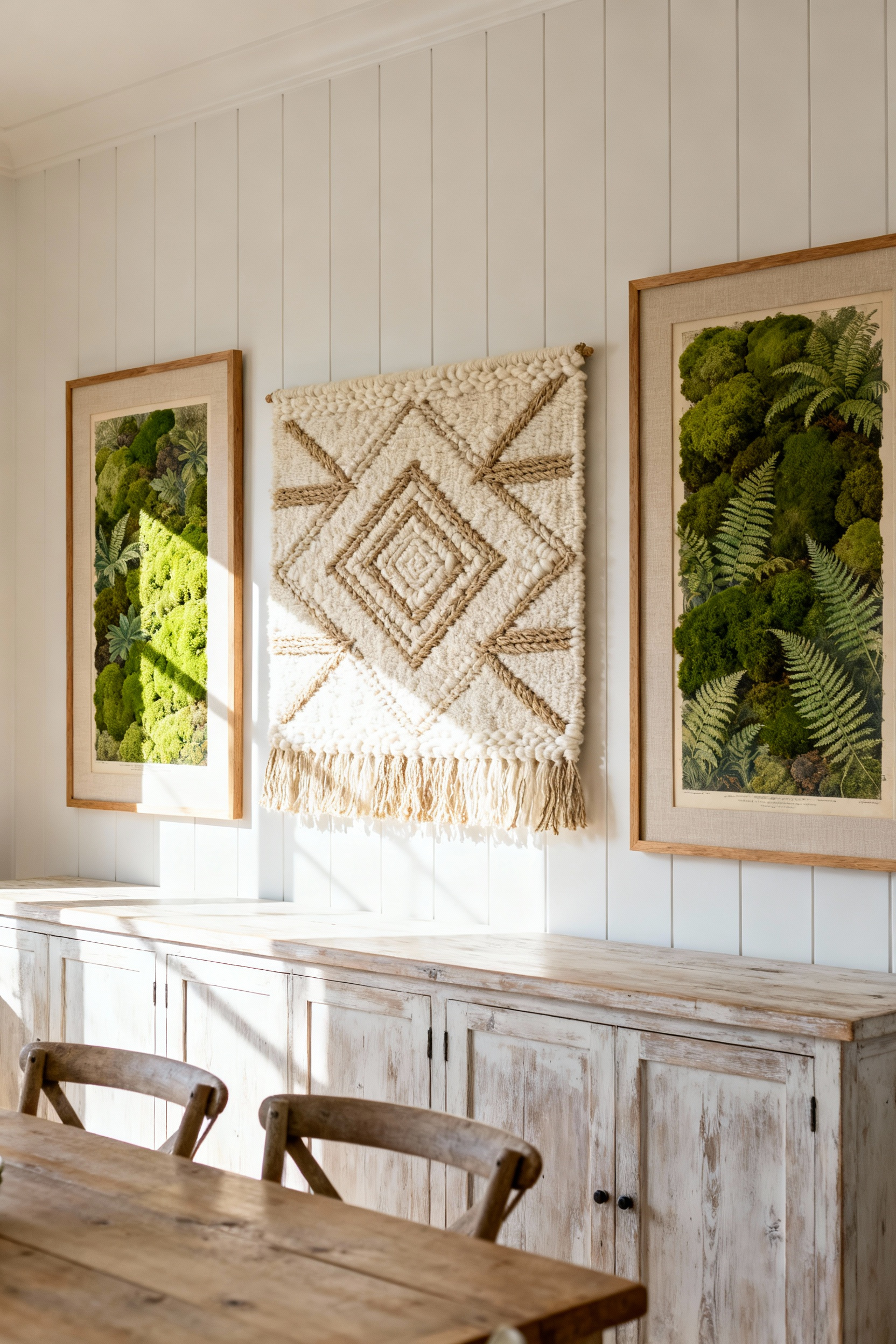 A serene farmhouse dining room wall featuring sophisticated decor, including textural woven fiber art and framed botanical fern prints, demonstrating a move away from outdated text signage.