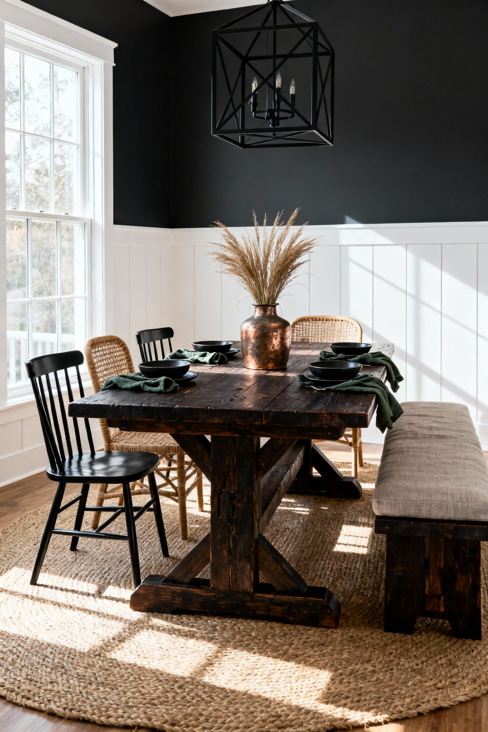High-contrast farmhouse dining room featuring a dark oak trestle table, deep charcoal accent wall, layered seating including woven rattan chairs, and rich textiles for maximum sensory texture.