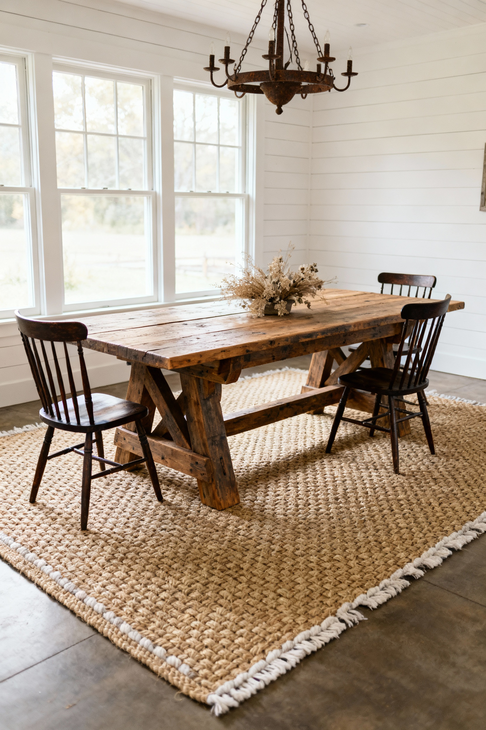 Farmhouse dining room featuring a reclaimed wood table positioned over a tightly woven jute-wool blend area rug, highlighting the rug's durability under the high-traffic area of the dining chairs.