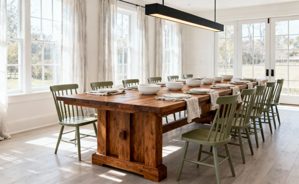 A bright, full view of a modern farmhouse dining room featuring a sturdy, functional wood table, painted spindle-back chairs, and abundant natural light, illustrating sophisticated farmhouse dining room decor.