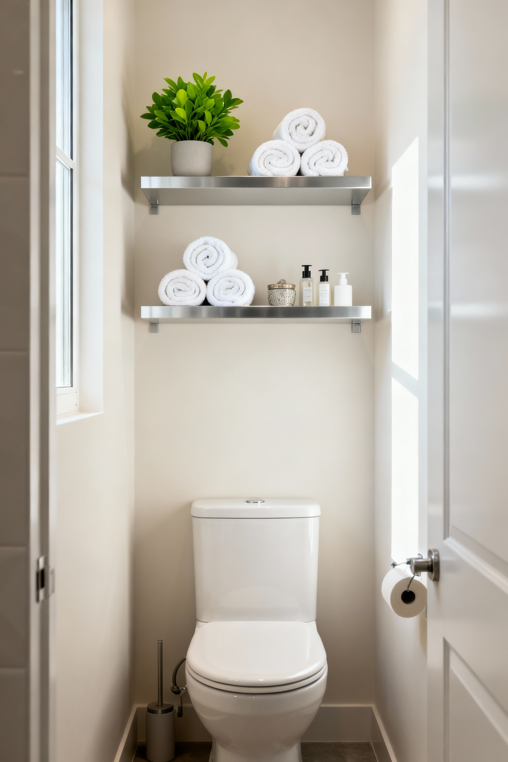 Two sleek, modern floating shelves made of light wood mounted above a toilet in a small, bright bathroom, holding rolled white towels, decorative containers for toiletries, and a small green plant.
