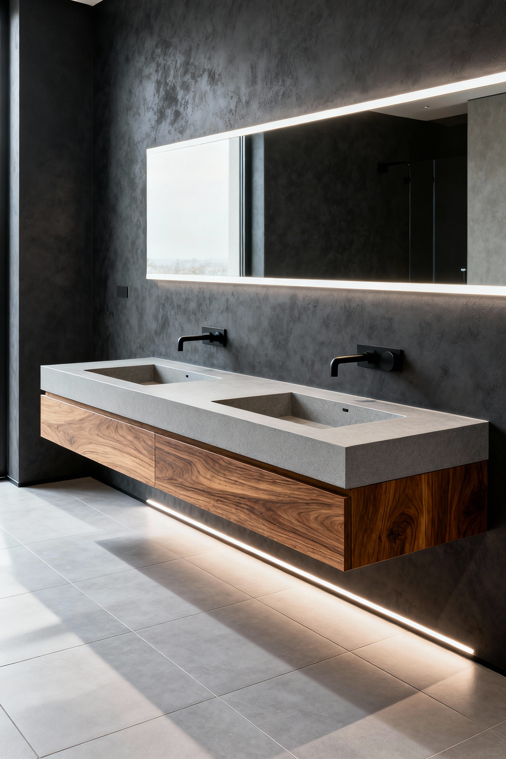 A wide view of a modern luxury bathroom featuring a thin, gray sintered stone floating vanity with a rift-sawn oak base, lit underneath to highlight the cantilevered design above large-format tile floors.