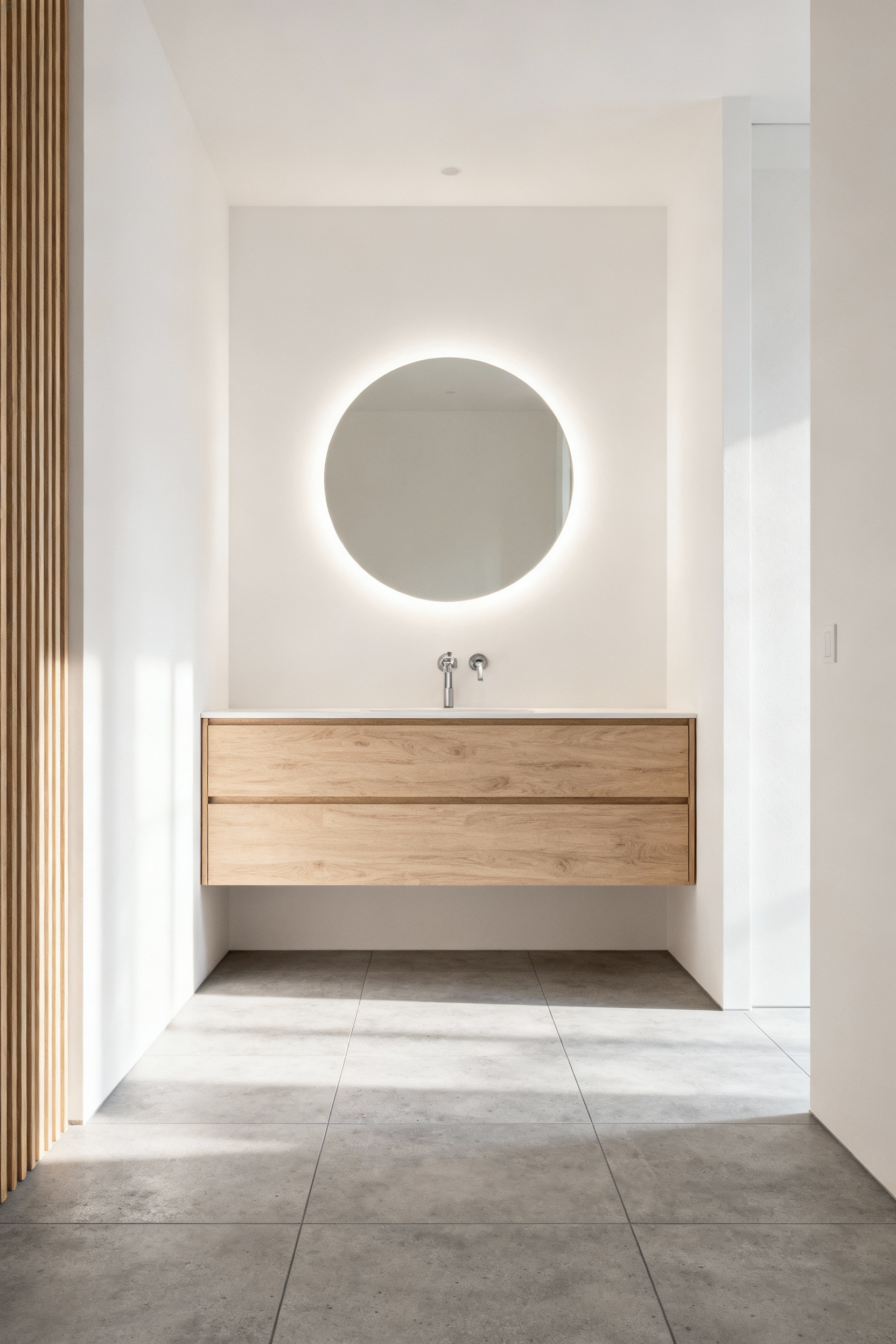 A continuous pale gray tiled floor beneath a light oak floating vanity in a small modern bathroom, demonstrating how wall-mounting fixtures increases perceived room size through an unbroken floor plane.