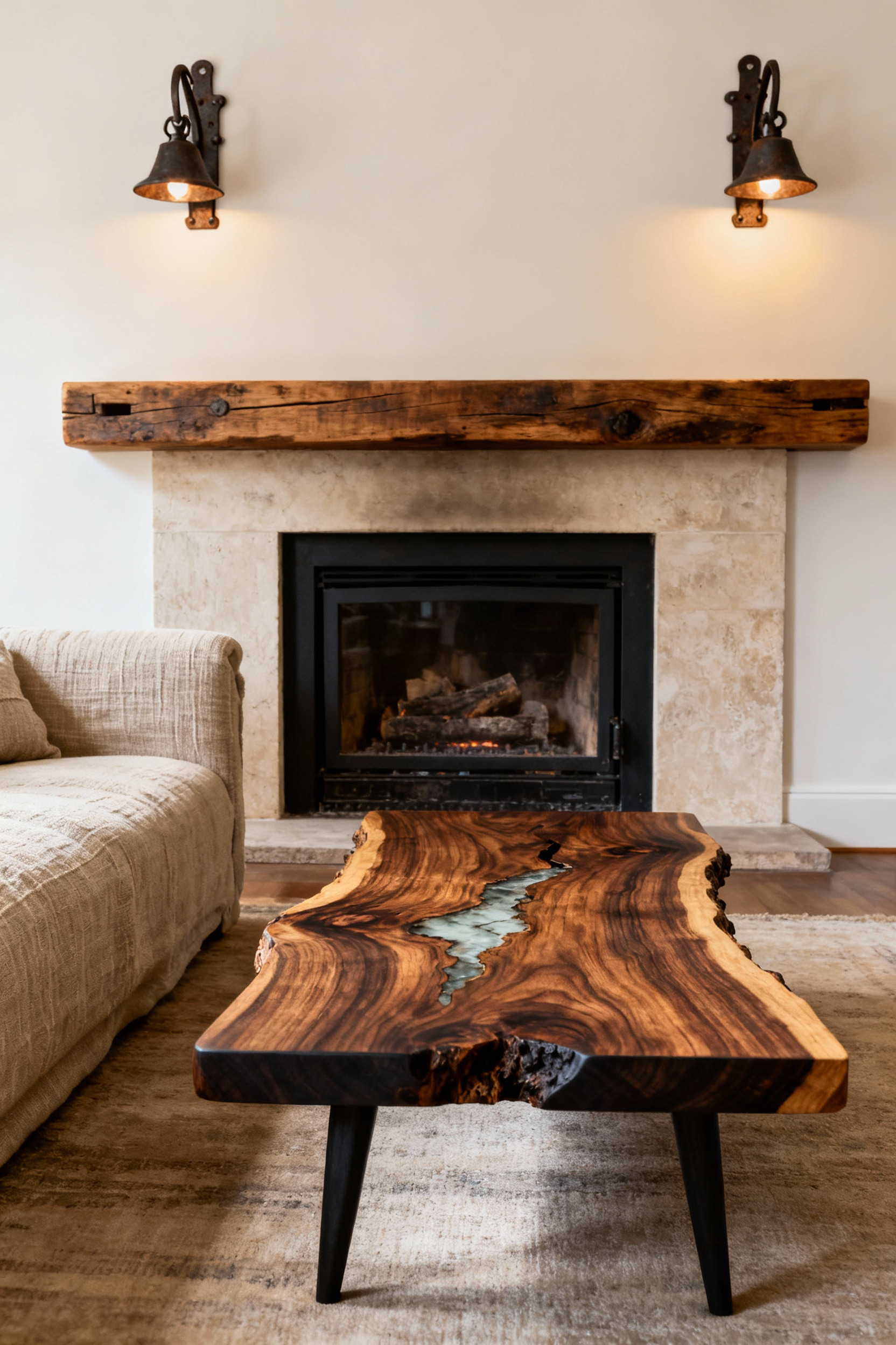 Rustic living room featuring a handcrafted live-edge black walnut coffee table, hand-forged iron sconces, and reclaimed oak mantelpiece, showcasing authentic functional objects and rich textures.