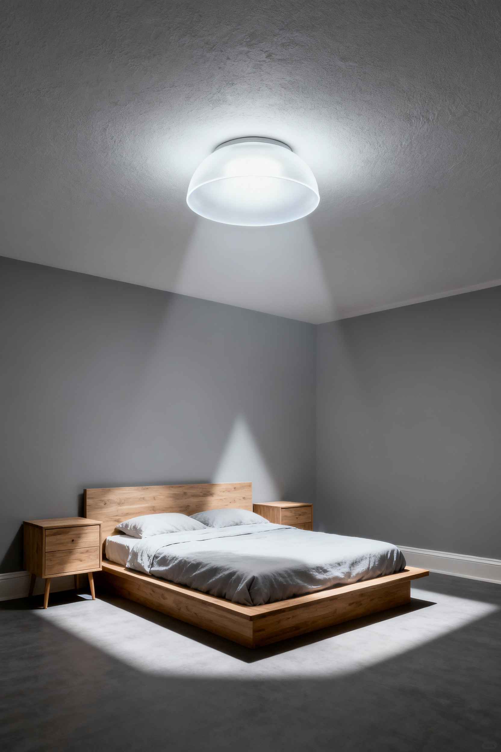 A photograph of a modern bedroom interior poorly lit by a harsh, dome-shaped flush mount ceiling light that creates flattening, high-contrast shadows.