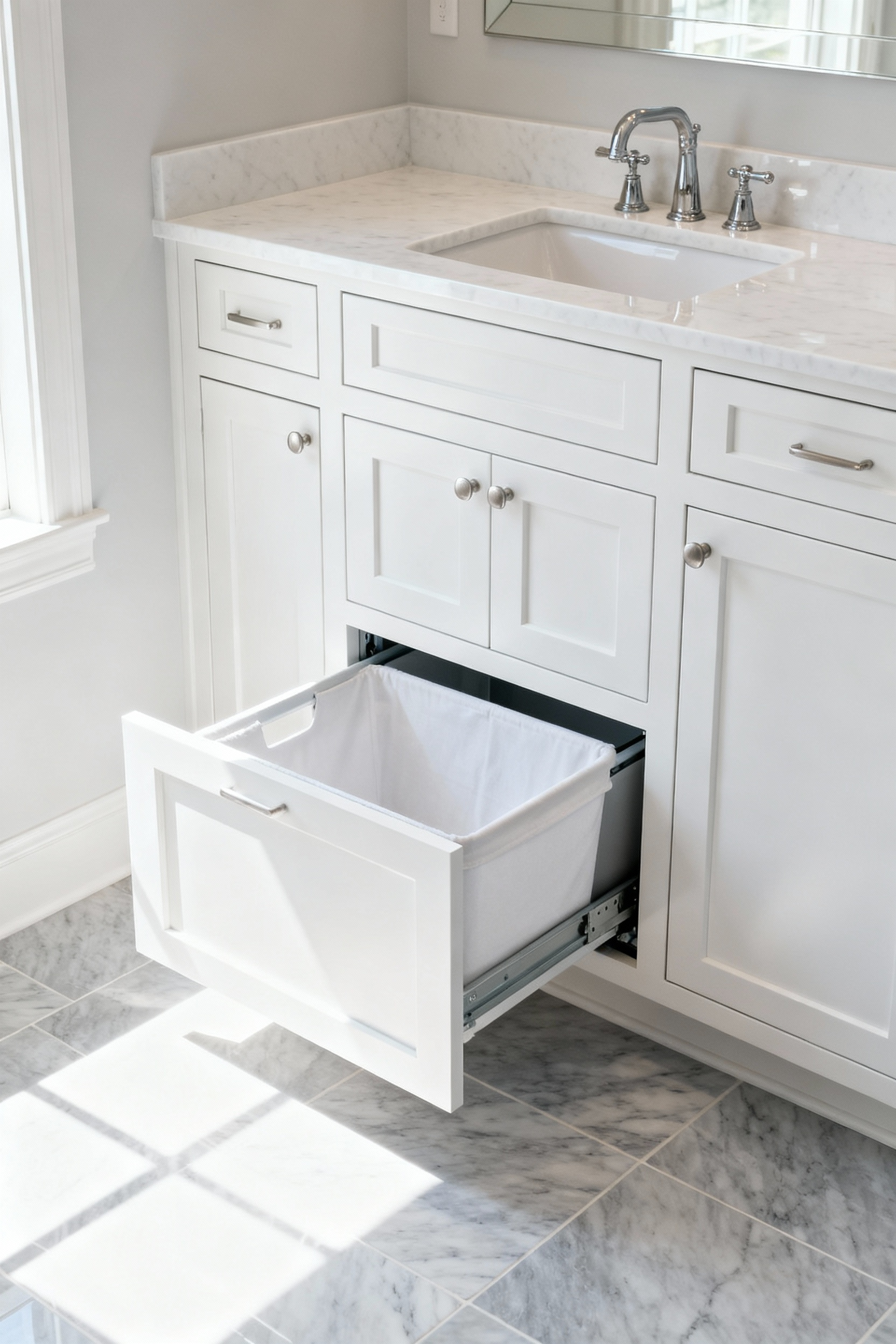 Architectural photograph of a small, modern bathroom showing custom white tilt-out cabinetry concealing a laundry hamper, emphasizing the clutter-free floor space.