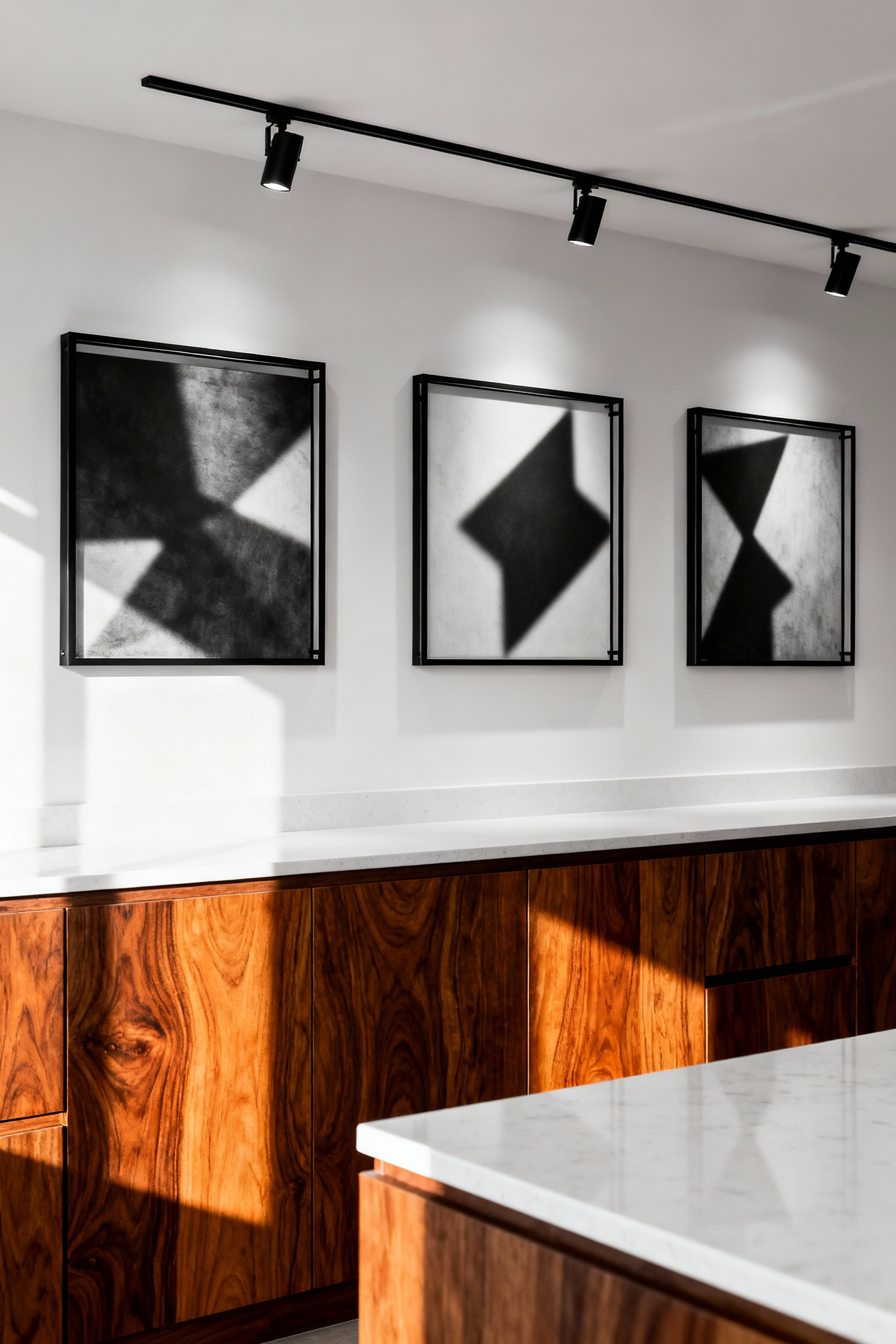 High-contrast monochromatic abstract photography displayed above warm amber-toned walnut kitchen cabinets, showcasing a blend of cool precision and organic comfort.