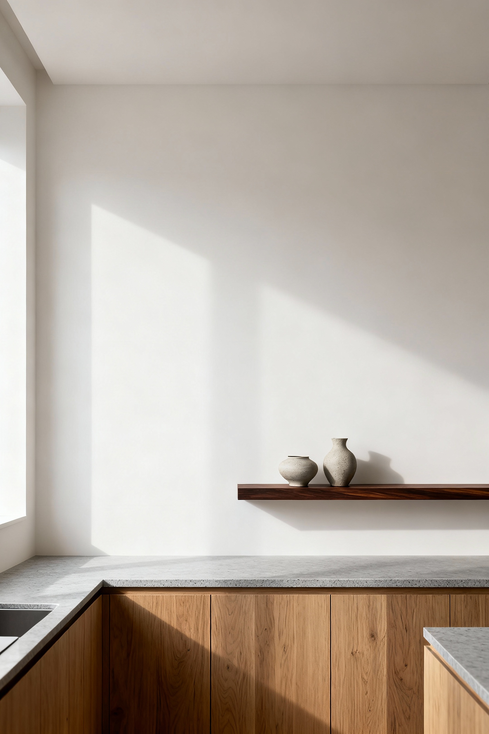 High-end minimalist kitchen design showcasing the negative space theory with a vast, matte white wall above a dark walnut floating shelf and light quartz countertop.