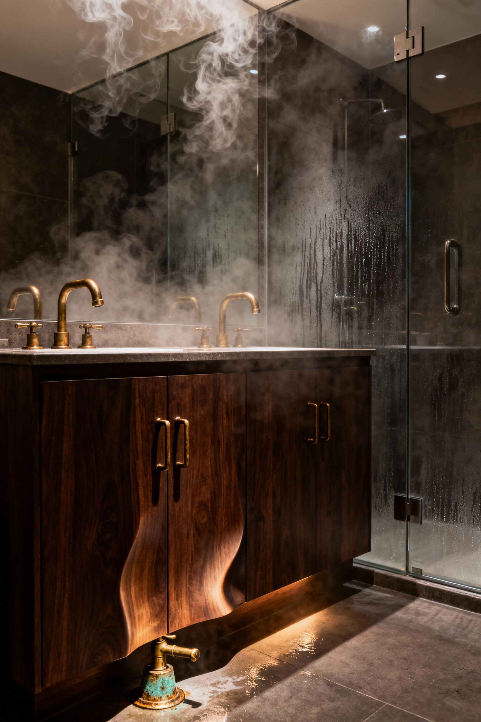 A steamy, high-end master bathroom showing early humidity damage, including slightly warped custom wood cabinetry and oxidized brass fixtures, illustrating the critical need for proper ventilation.